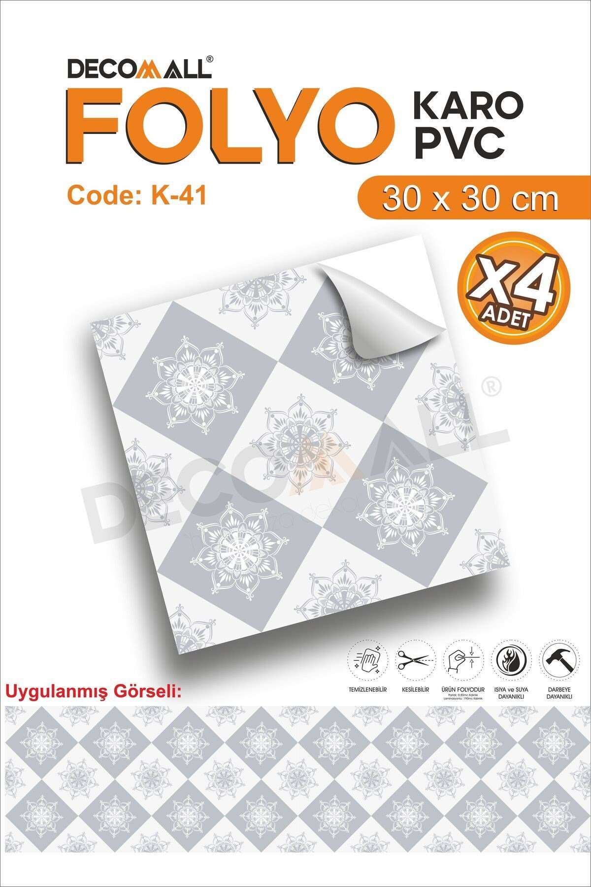 K-41 Kendinden Yapışkanlı FOLYO Suya Dayanıklı Mutfak Banyo Zemin Kaplama 30x30cm (Laminasyonlu)