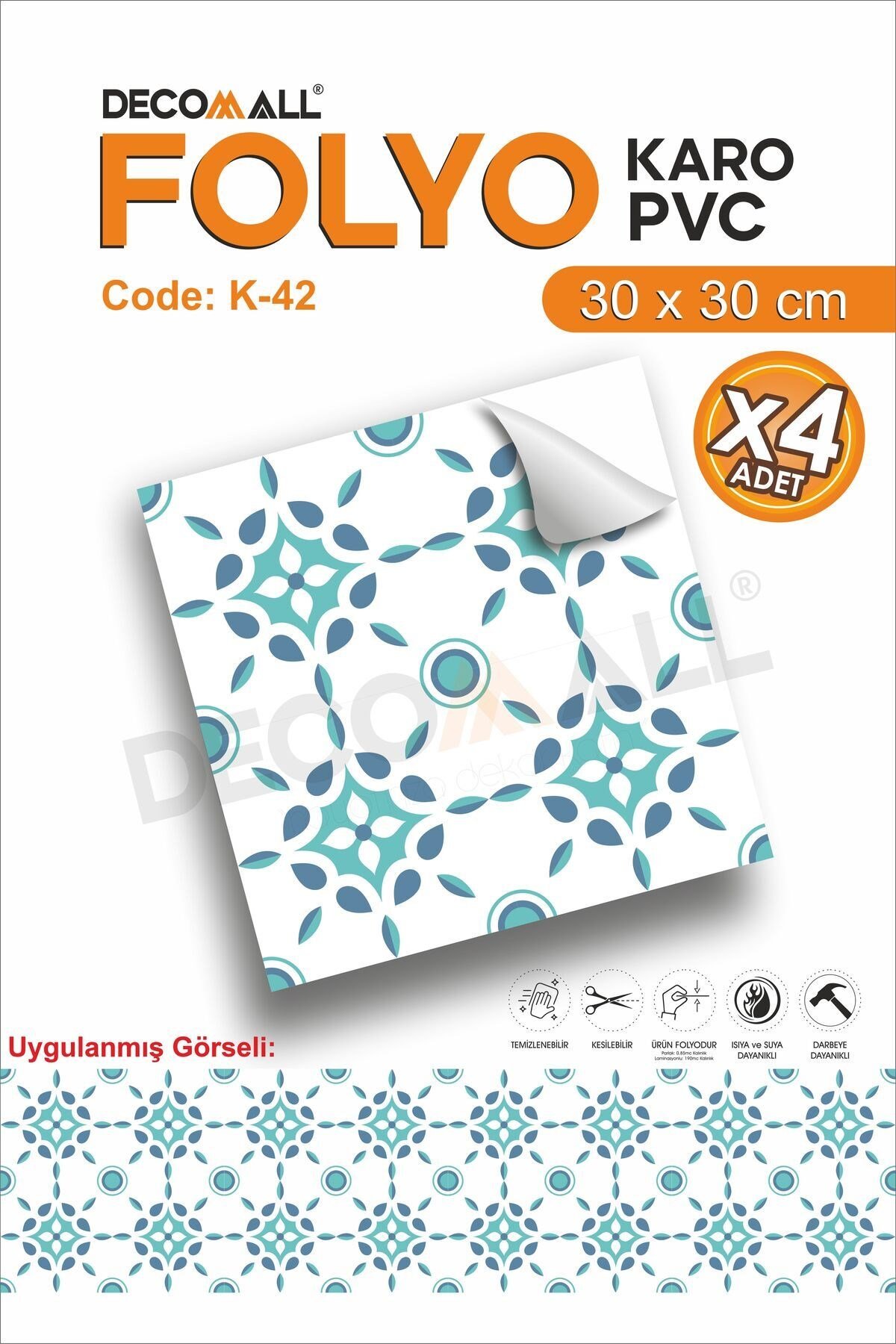 K-42 Kendinden Yapışkanlı FOLYO KARO Suya Dayanıklı Mutfak Banyo Zemin Kaplama 30x30 Cm(4 ADET)