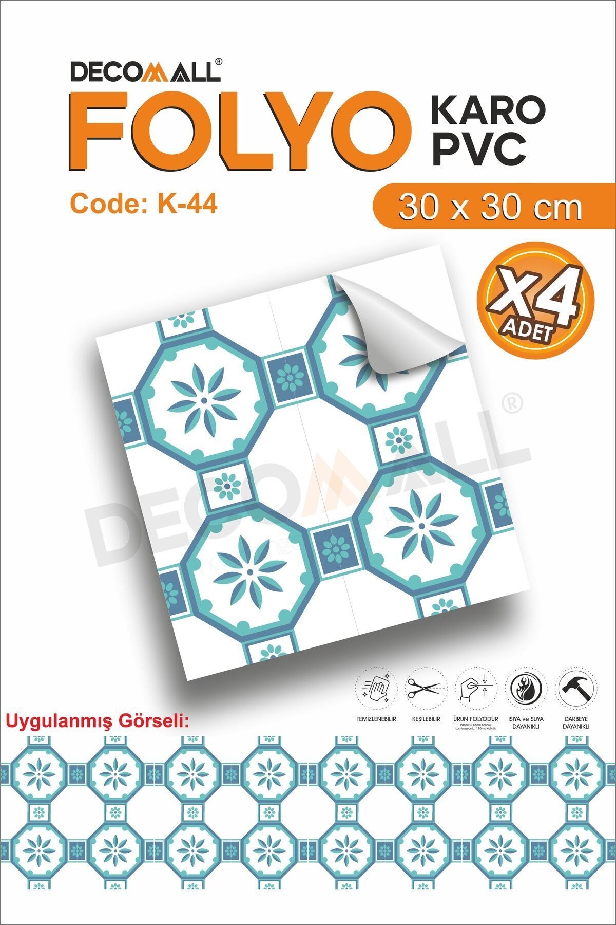 K-44 Kendinden Yapışkanlı FOLYO KARO Suya Dayanıklı Mutfak Banyo Zemin Kaplama 30x30 Cm(4 ADET)
