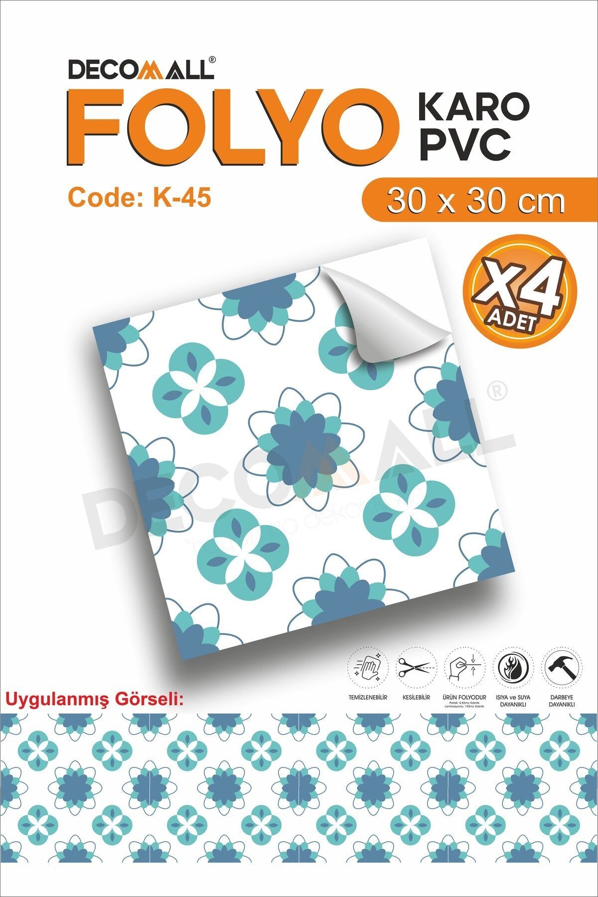 K-45 Kendinden Yapışkanlı FOLYO Suya Dayanıklı Mutfak Banyo Zemin Kaplama 30x30cm (Laminasyonlu)