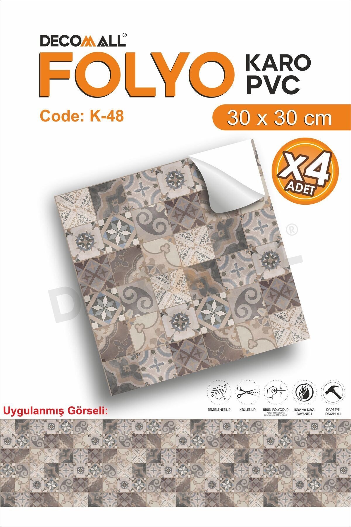 K-48 Kendinden Yapışkanlı FOLYO KARO Suya Dayanıklı Mutfak Banyo Zemin Kaplama 30x30 Cm(4 ADET)