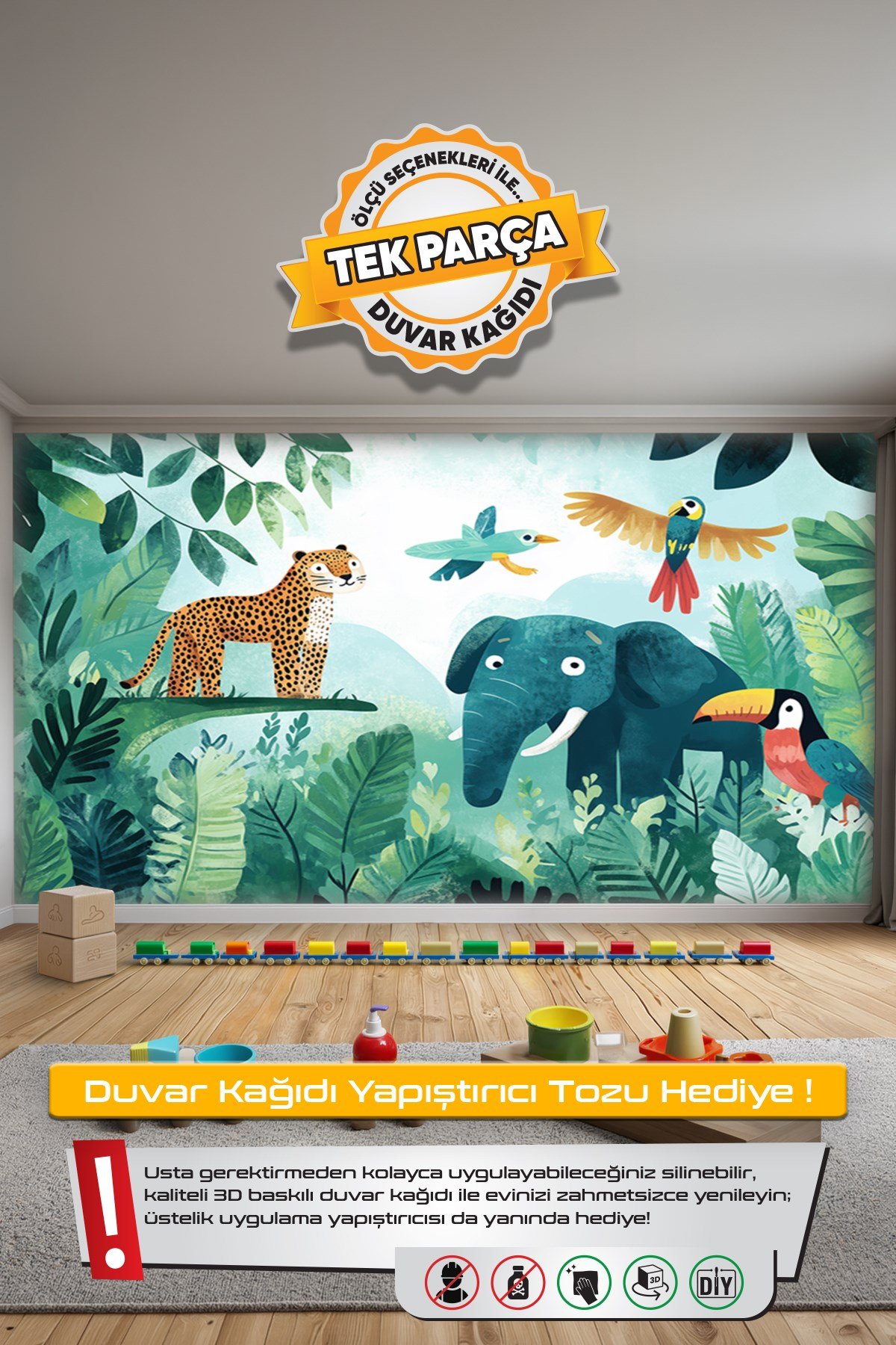 (Kids-1) Çocuk Bekek Genç Odası Tek Parça Duvar Kağıdı Kabartmalı 3D Görünümlü Yapışkan Hediyeli