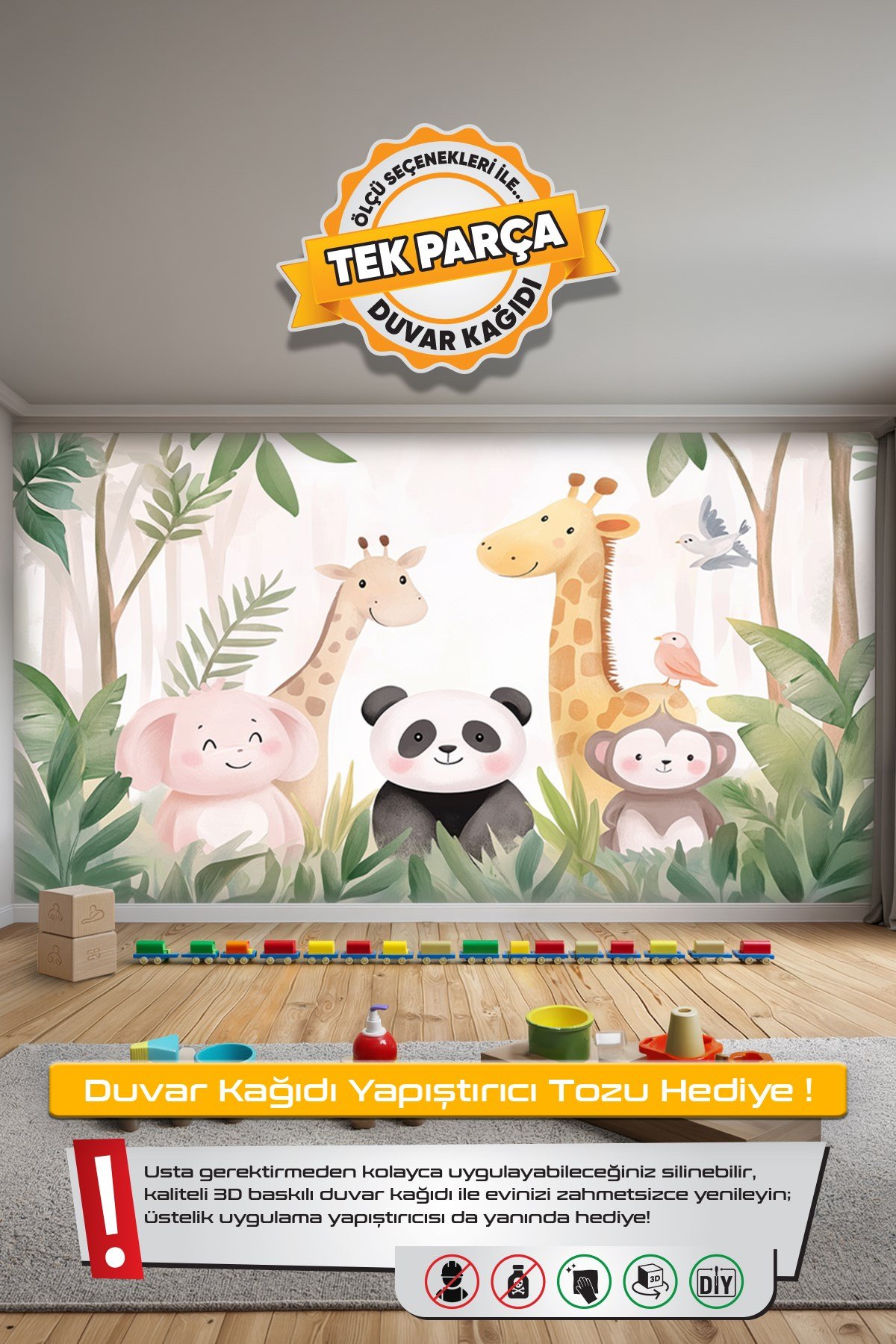 (Kids-10) Çocuk Bekek Genç Odası Tek Parça Duvar Kağıdı Kabartmalı 3D Görünümlü Yapışkan Hediyeli