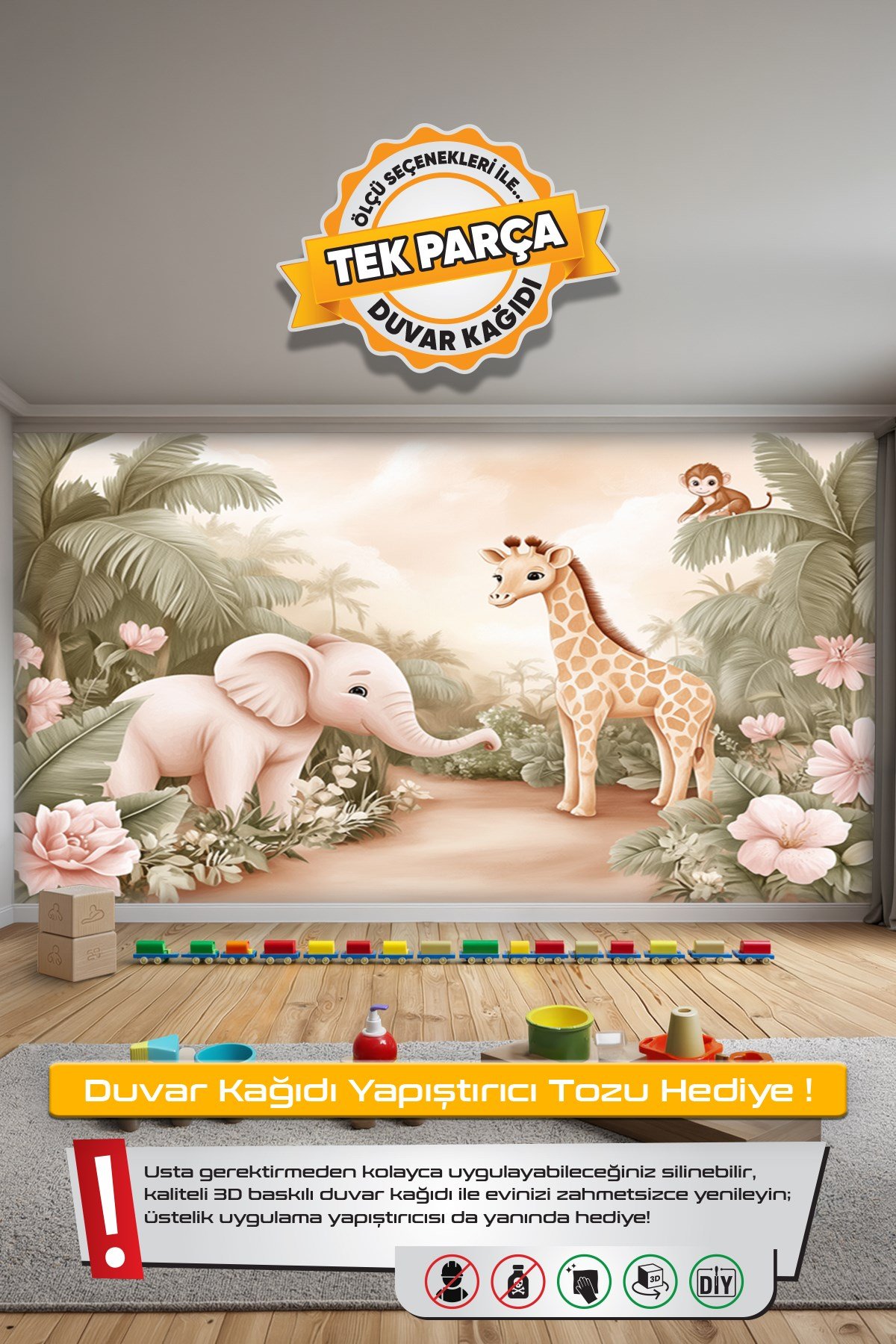 (Kids-11) Çocuk Bekek Genç Odası Tek Parça Duvar Kağıdı Kabartmalı 3D Görünümlü Yapışkan Hediyeli