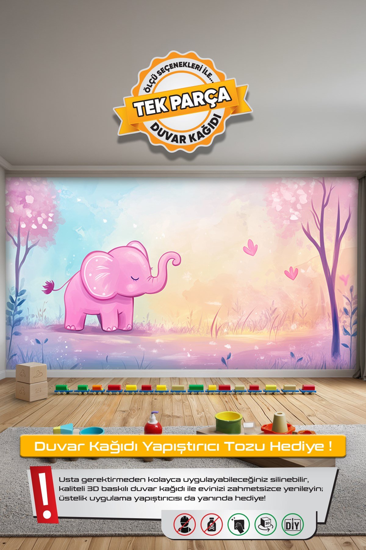 (Kids-16) Çocuk Bekek Genç Odası Tek Parça Duvar Kağıdı Kabartmalı 3D Görünümlü Yapışkan Hediyeli