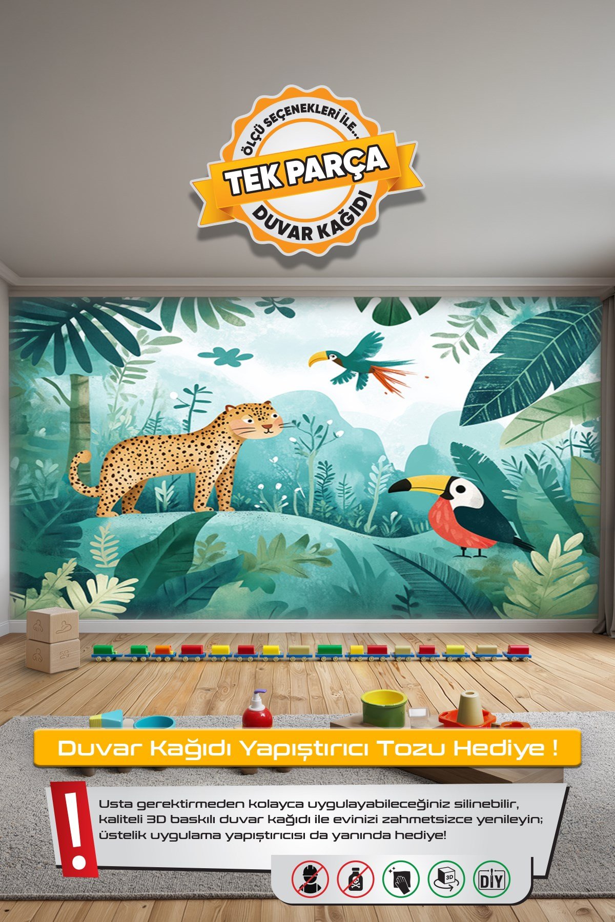 (Kids-2) Çocuk Bekek Genç Odası Tek Parça Duvar Kağıdı Kabartmalı 3D Görünümlü Yapışkan Hediyeli