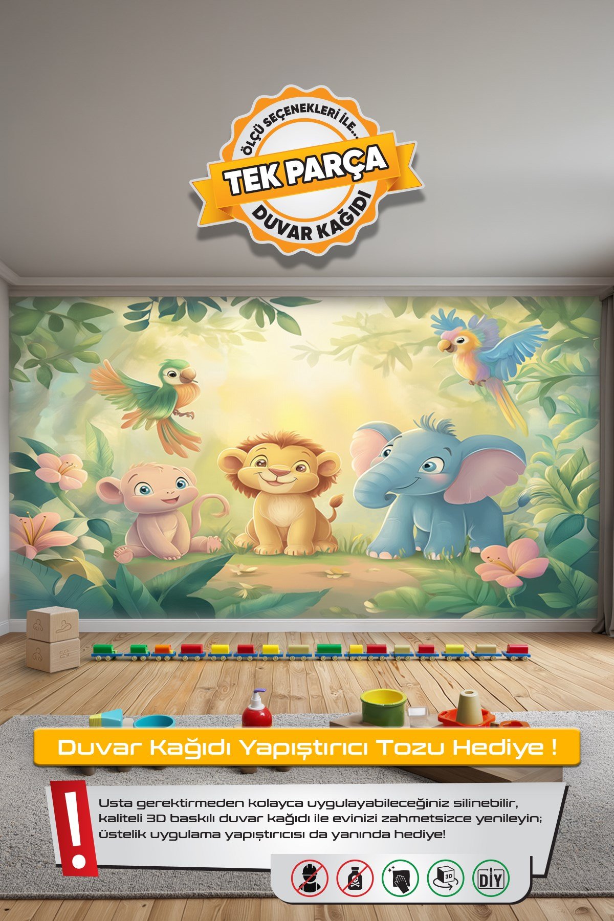(Kids-29) Çocuk Bekek Genç Odası Tek Parça Duvar Kağıdı Kabartmalı 3D Görünümlü Yapışkan Hediyeli