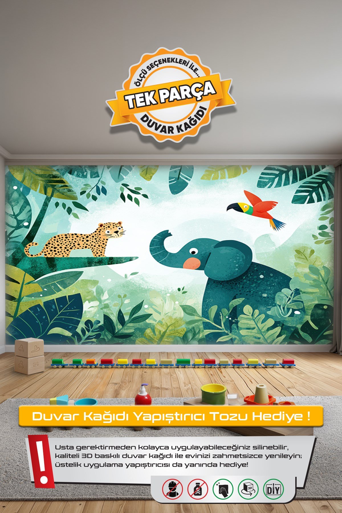 (Kids-3) Çocuk Bekek Genç Odası Tek Parça Duvar Kağıdı Kabartmalı 3D Görünümlü Yapışkan Hediyeli