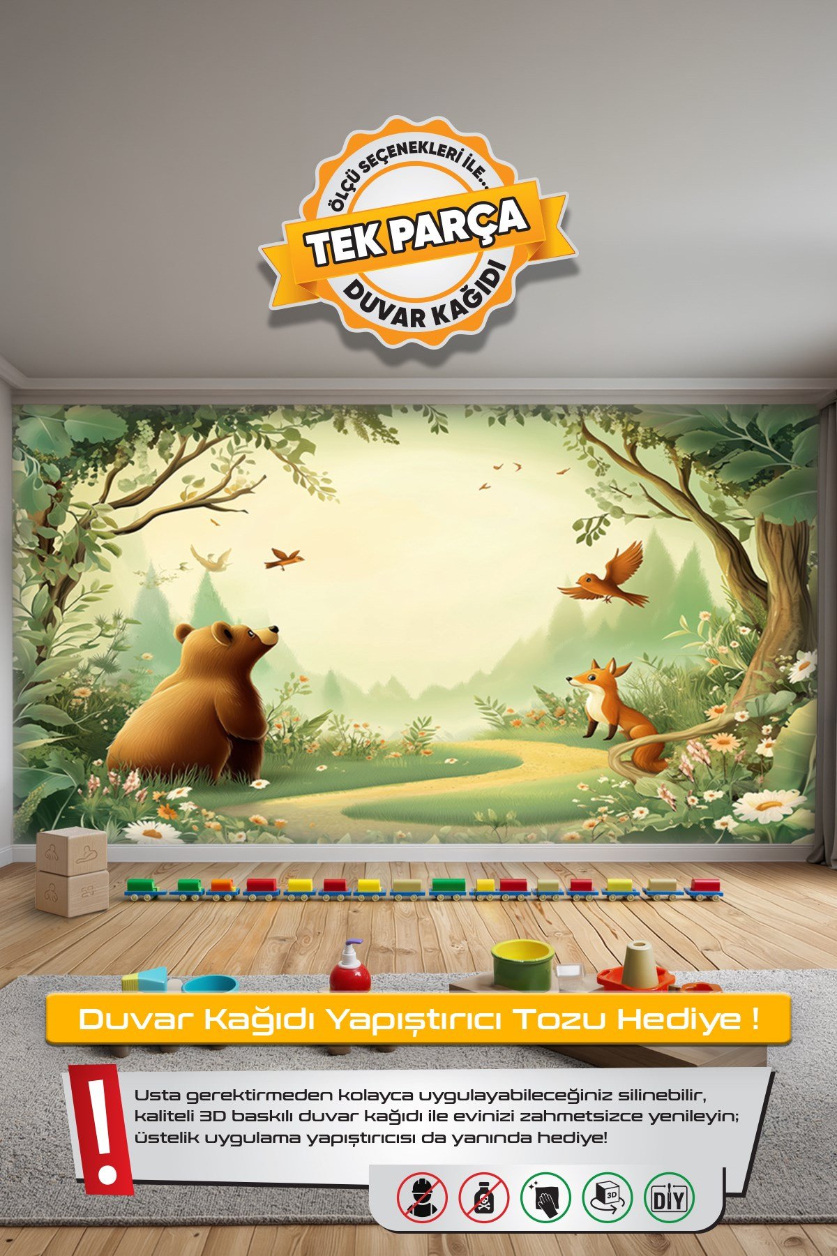 (Kids-31) Çocuk Bekek Genç Odası Tek Parça Duvar Kağıdı Kabartmalı 3D Görünümlü Yapışkan Hediyeli