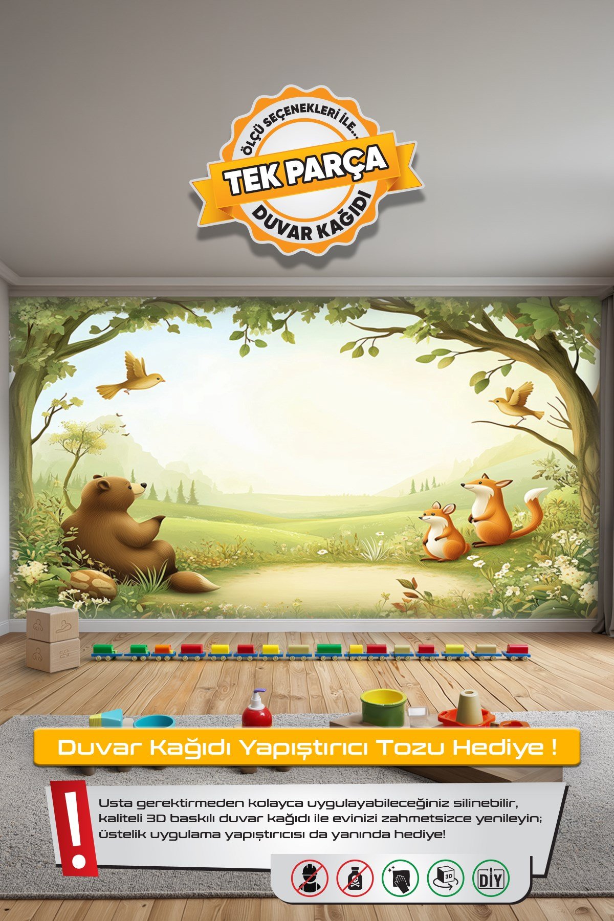 (Kids-32) Çocuk Bekek Genç Odası Tek Parça Duvar Kağıdı Kabartmalı 3D Görünümlü Yapışkan Hediyeli