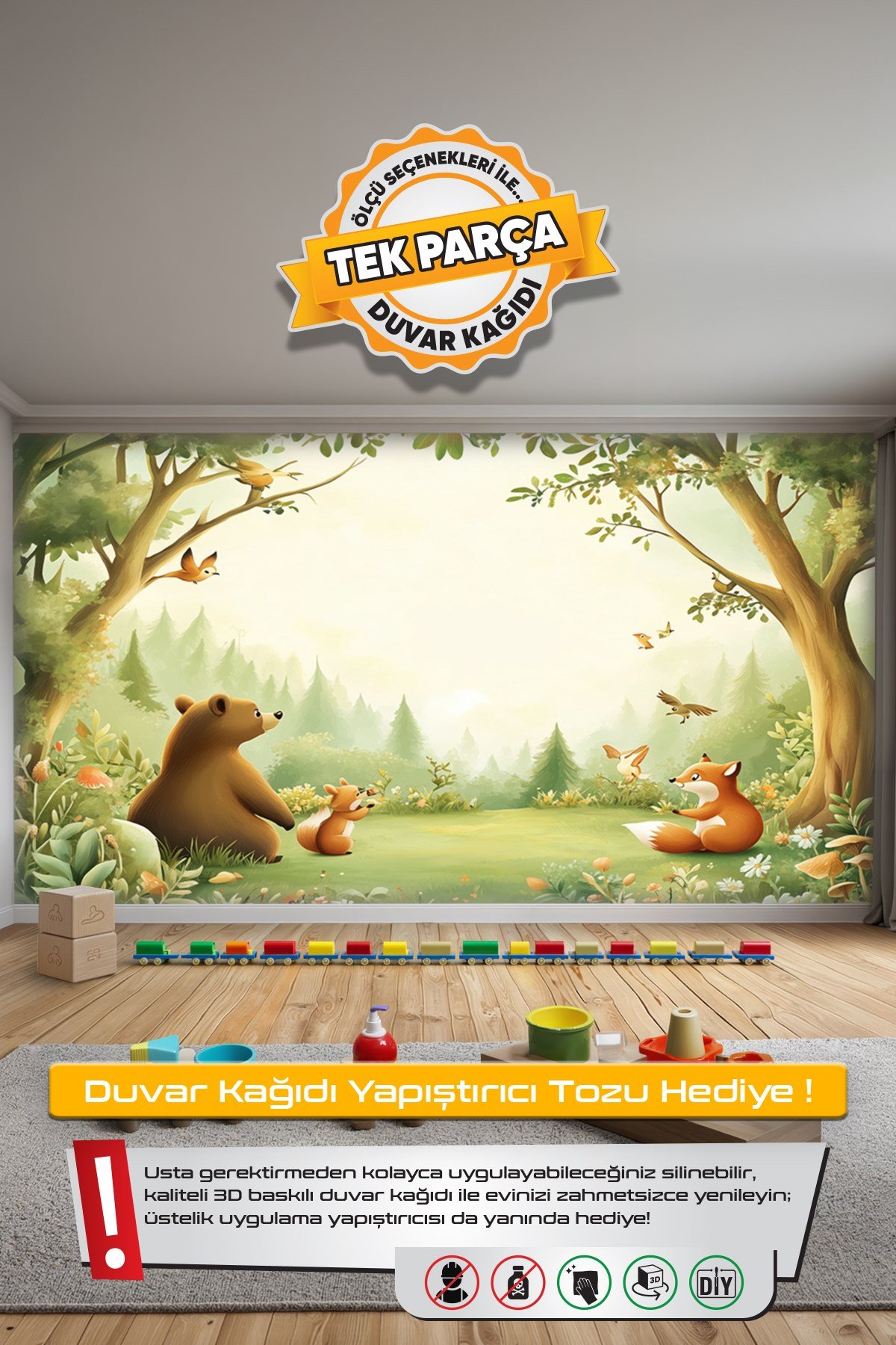 (Kids-33) Çocuk Bekek Genç Odası Tek Parça Duvar Kağıdı Kabartmalı 3D Görünümlü Yapışkan Hediyeli