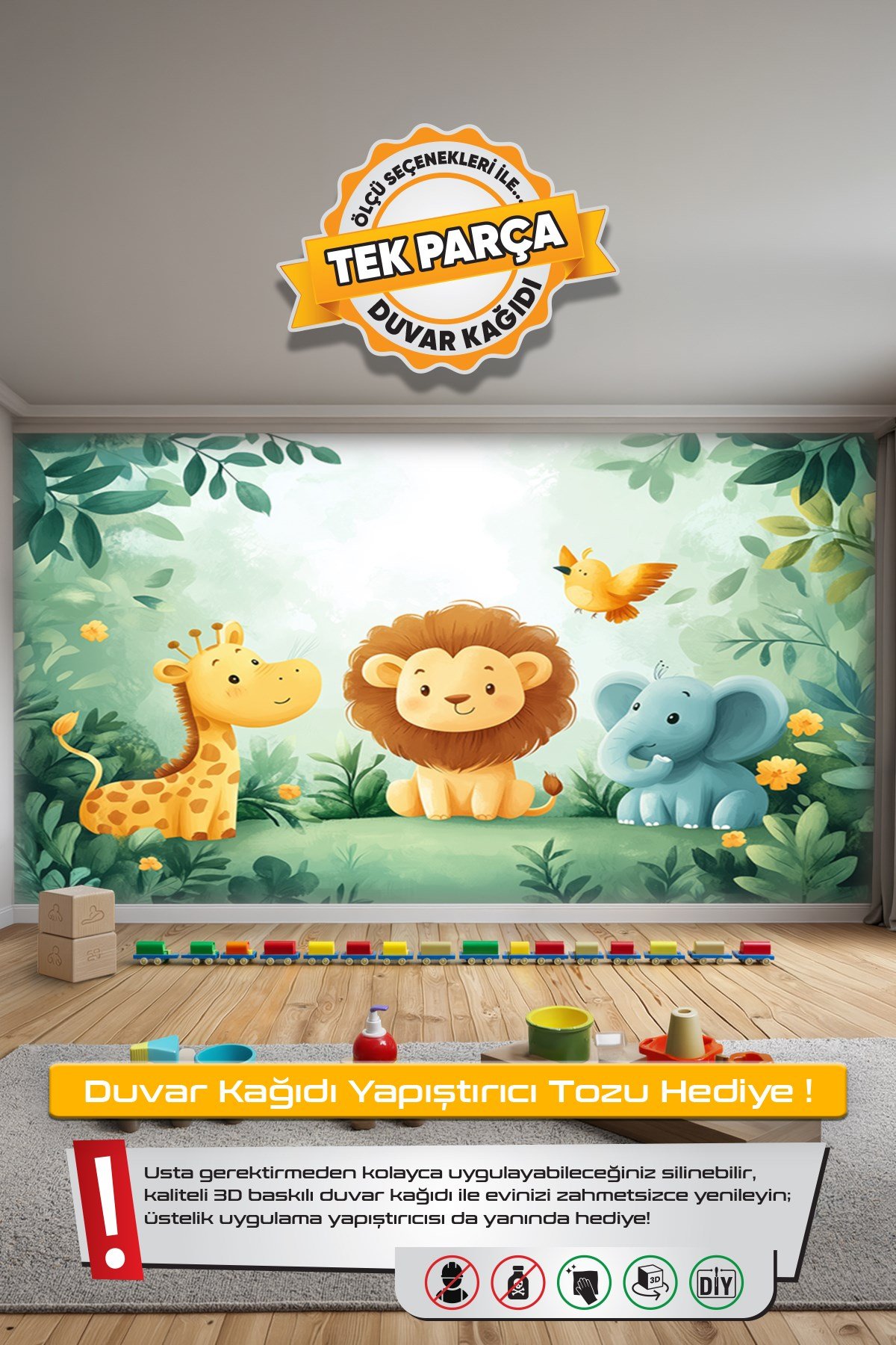 (Kids-34) Çocuk Bekek Genç Odası Tek Parça Duvar Kağıdı Kabartmalı 3D Görünümlü Yapışkan Hediyeli