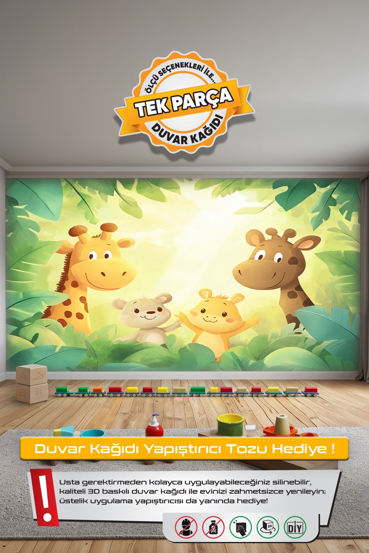 (Kids-36) Çocuk Bekek Genç Odası Tek Parça Duvar Kağıdı Kabartmalı 3D Görünümlü Yapışkan Hediyeli