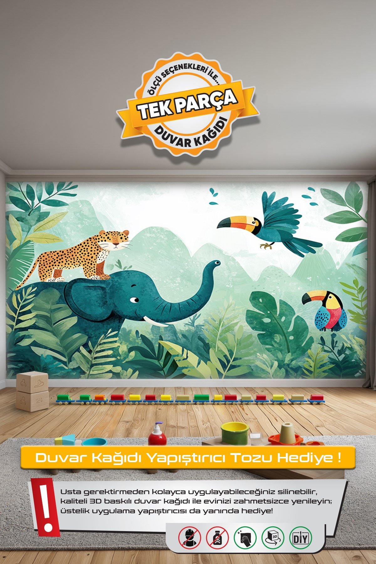 (Kids-4) Çocuk Bekek Genç Odası Tek Parça Duvar Kağıdı Kabartmalı 3D Görünümlü Yapışkan Hediyeli