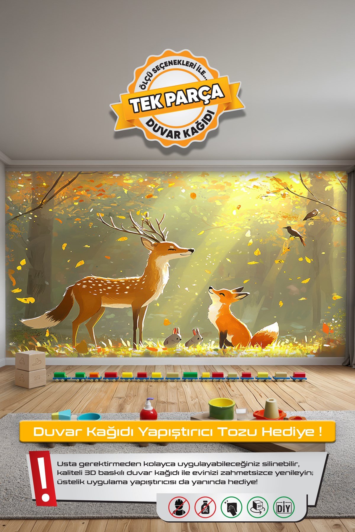 (Kids-41) Çocuk Bekek Genç Odası Tek Parça Duvar Kağıdı Kabartmalı 3D Görünümlü Yapışkan Hediyeli
