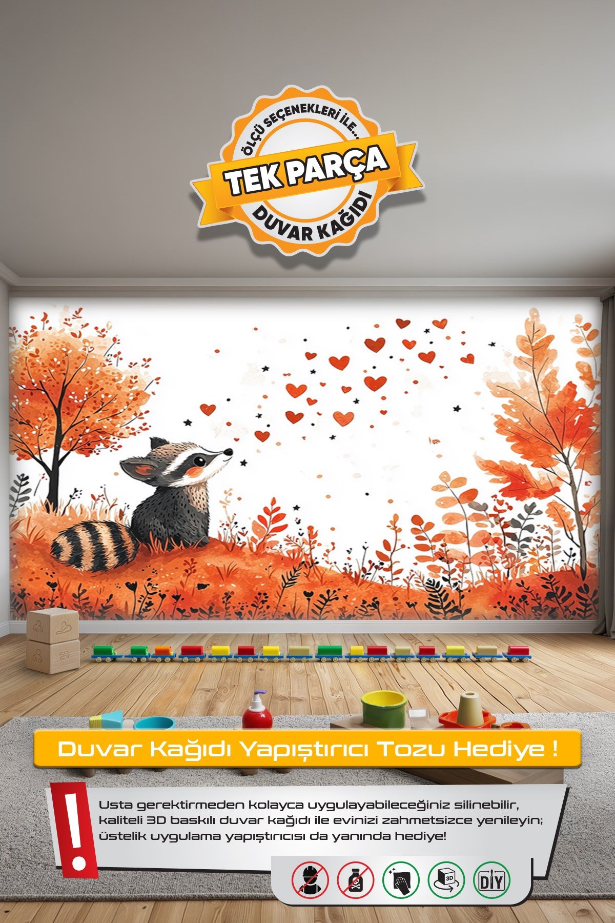 (Kids-42) Çocuk Bekek Genç Odası Tek Parça Duvar Kağıdı Kabartmalı 3D Görünümlü Yapışkan Hediyeli