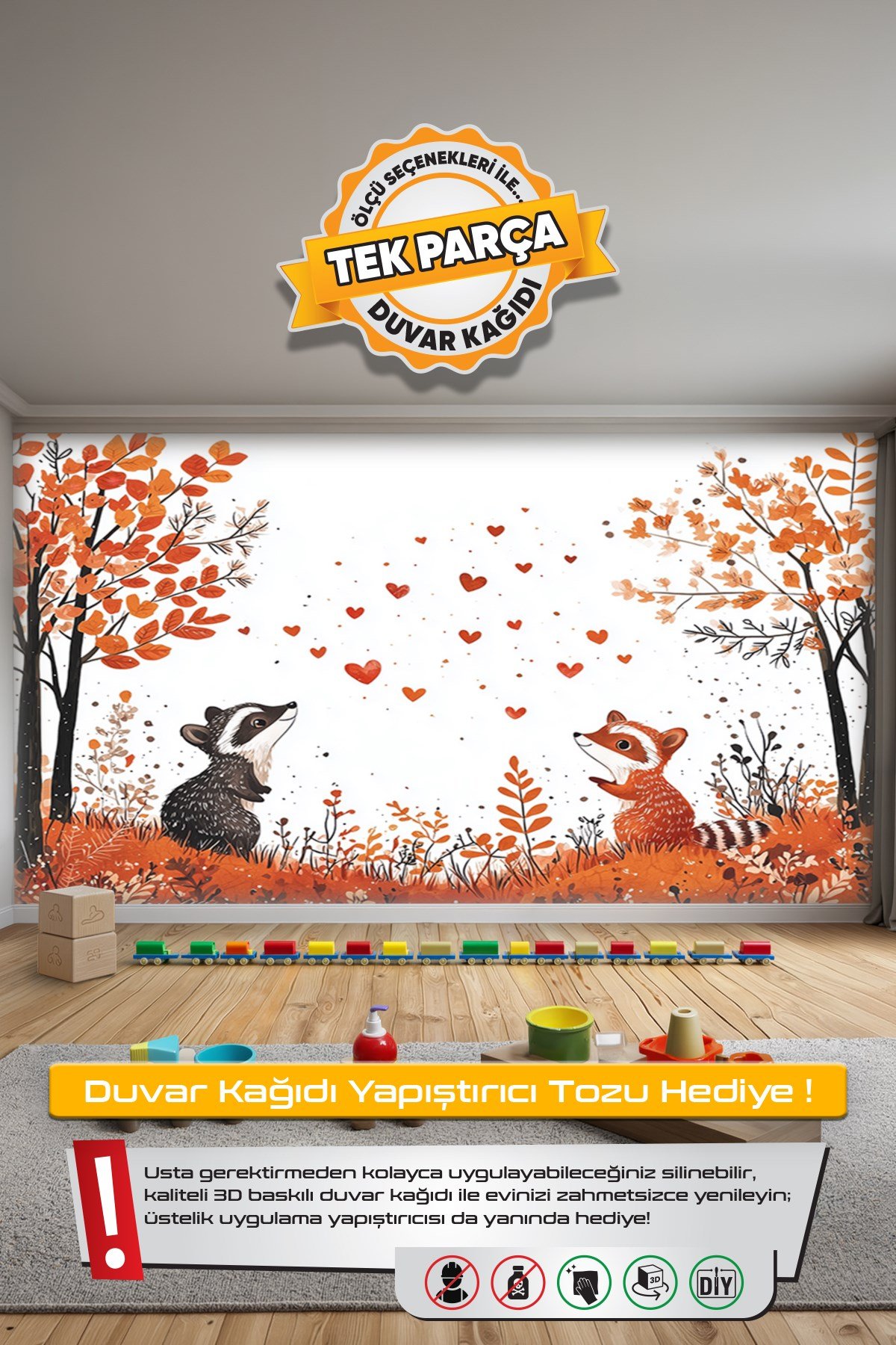 (Kids-43) Çocuk Bekek Genç Odası Tek Parça Duvar Kağıdı Kabartmalı 3D Görünümlü Yapışkan Hediyeli