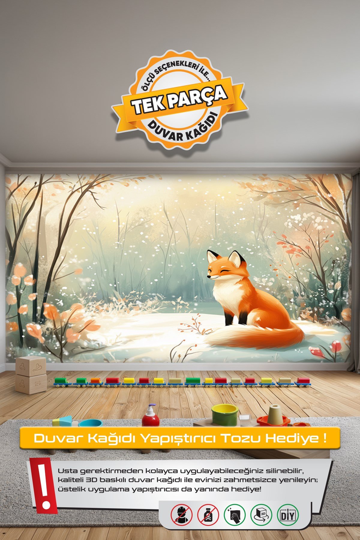 (Kids-45) Çocuk Bekek Genç Odası Tek Parça Duvar Kağıdı Kabartmalı 3D Görünümlü Yapışkan Hediyeli