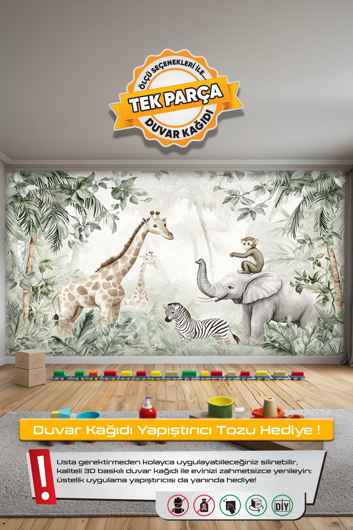 (Kids-5) Çocuk Bekek Genç Odası Tek Parça Duvar Kağıdı Kabartmalı 3D Görünümlü Yapışkan Hediyeli