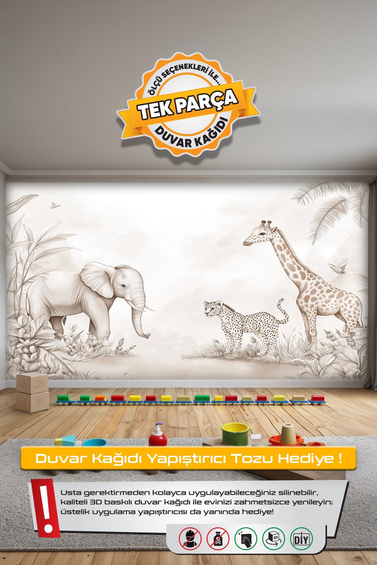 (Kids-7) Çocuk Bekek Genç Odası Tek Parça Duvar Kağıdı Kabartmalı 3D Görünümlü Yapışkan Hediyeli