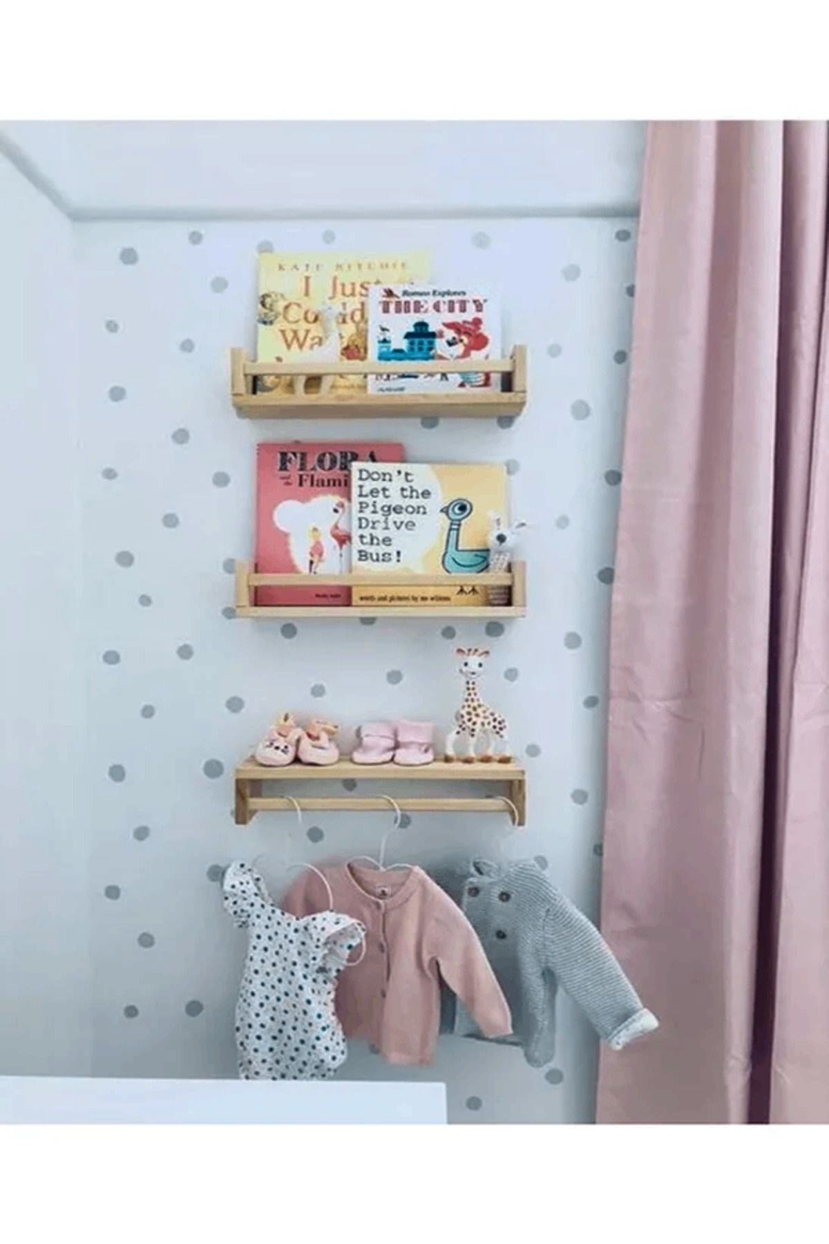 Montessori Kitaplık Çocuk Bebek Odası Rafı Ahşap Kitaplık Askılık 50 Cm 3lü Ters Düz Raf