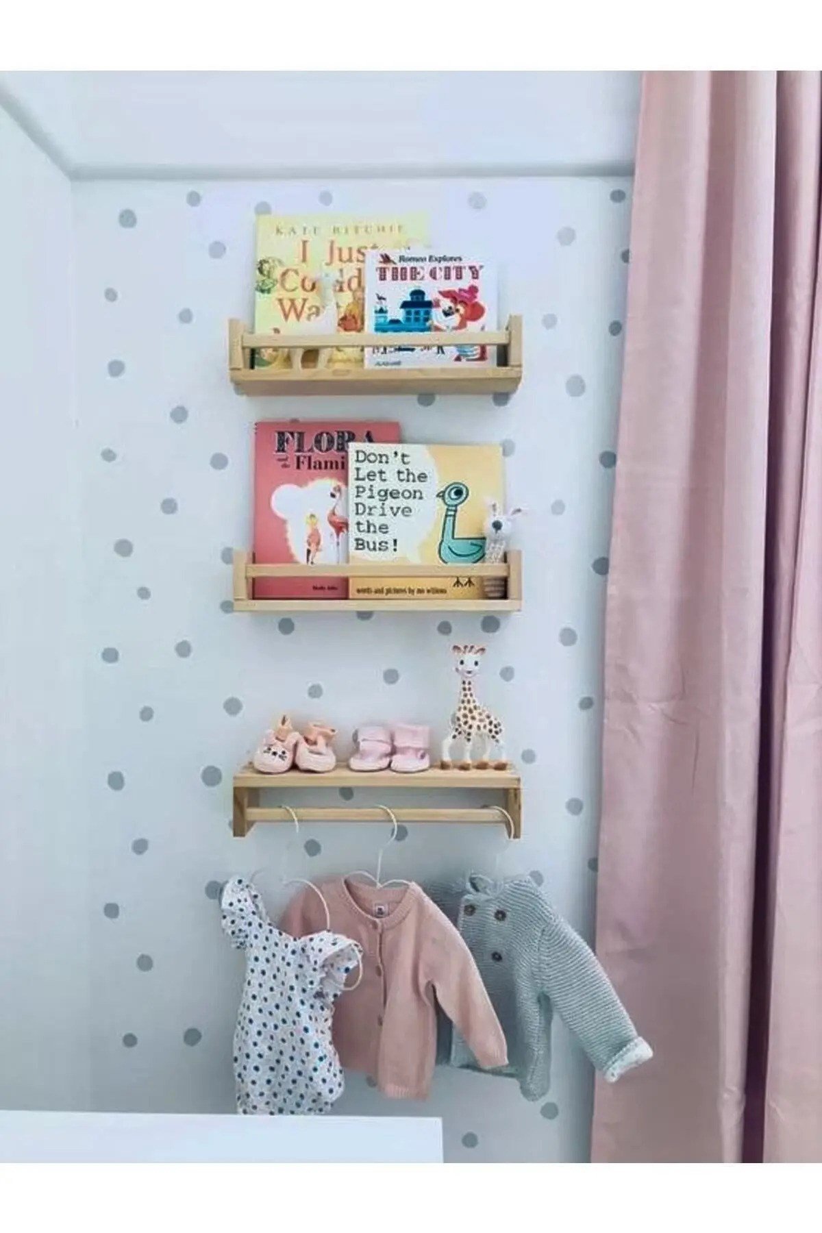 Montessori Kitaplık Çocuk Bebek Odası Rafı Ahşap Kitaplık Askılık 40cm 3lü Ters Düz Raf