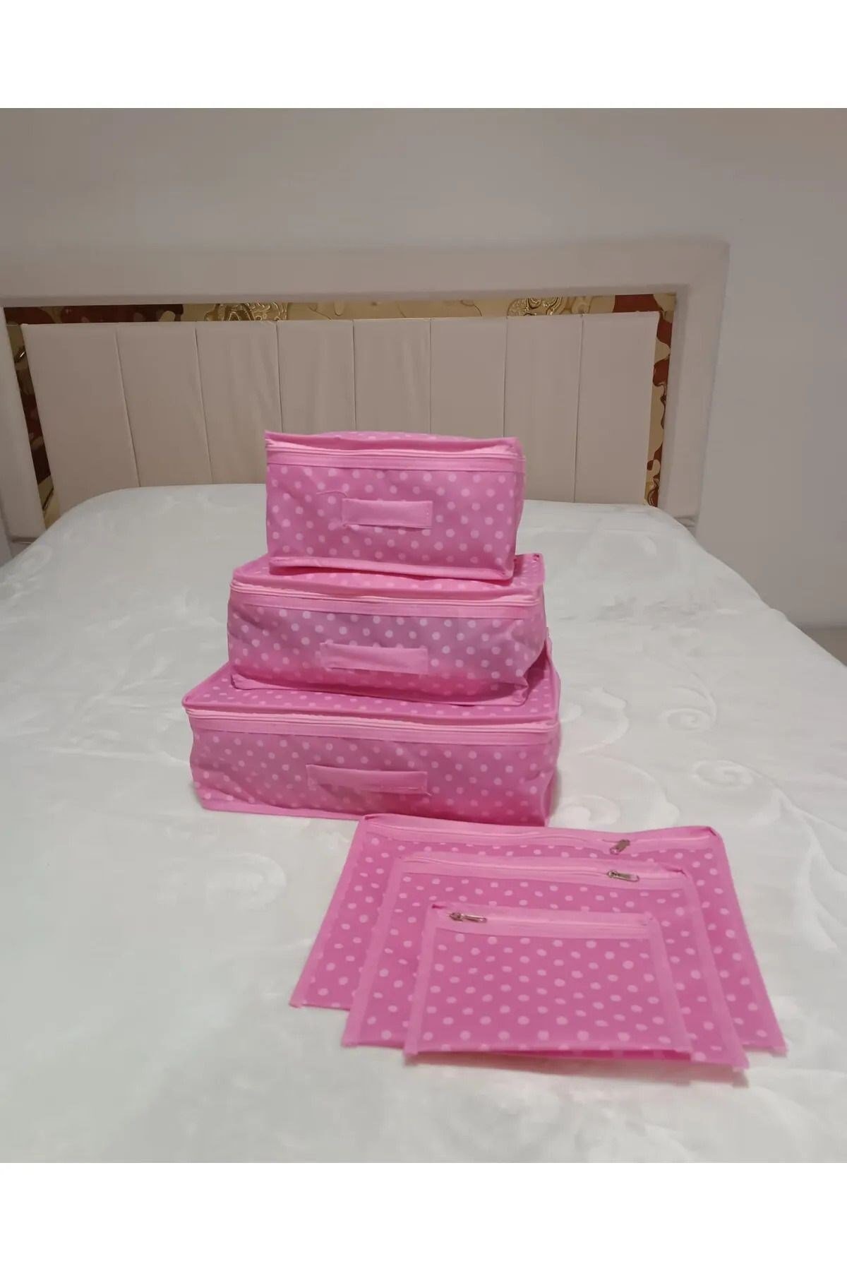 Orta Pembe Puantiye Desen Valiz Düzenleyici 6 Parça (FİLELİ) Pembe tela 6 30 derecede sıkma olmadan