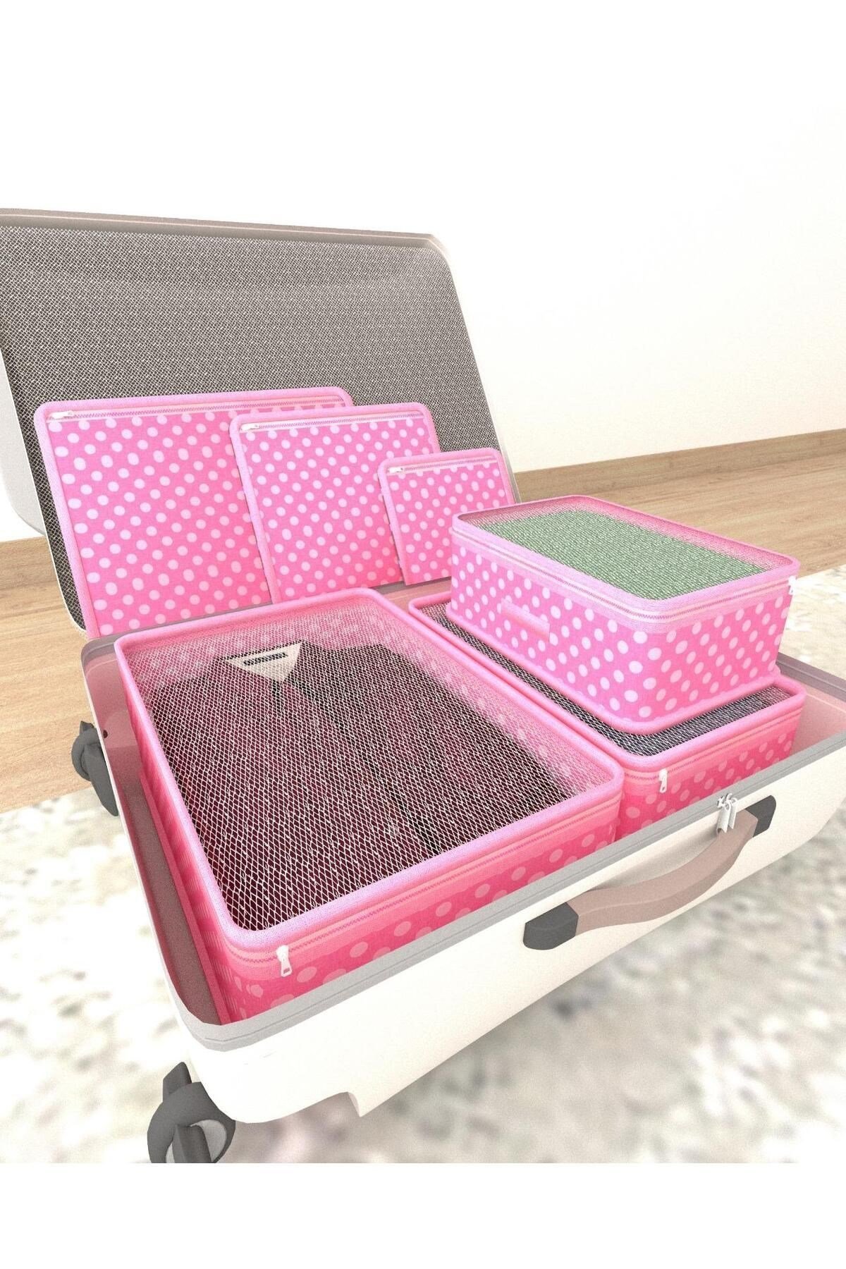 Orta Pembe Puantiye Desen Valiz Düzenleyici 6 Parça (FİLELİ) Pembe tela 6 30 derecede sıkma olmadan