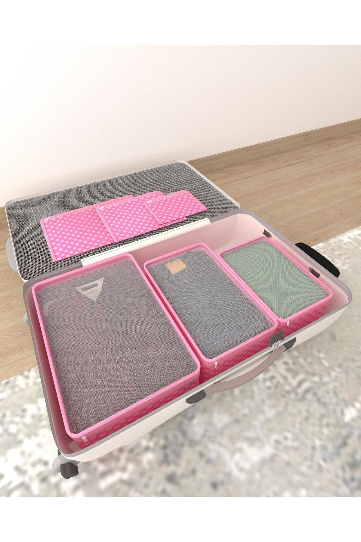Orta Pembe Puantiye Desen Valiz Düzenleyici 6 Parça (FİLELİ) Pembe tela 6 30 derecede sıkma olmadan