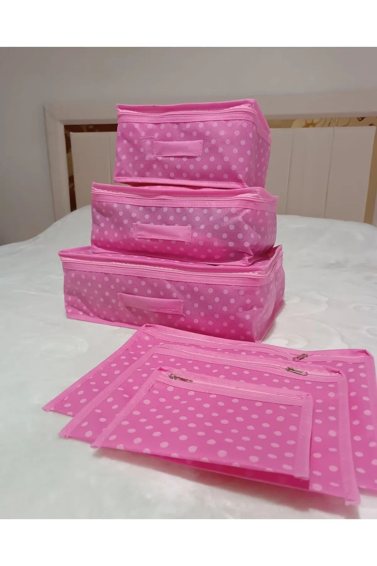 Orta Pembe Puantiye Desen Valiz Düzenleyici 6 Parça (FİLELİ) Pembe tela 6 30 derecede sıkma olmadan