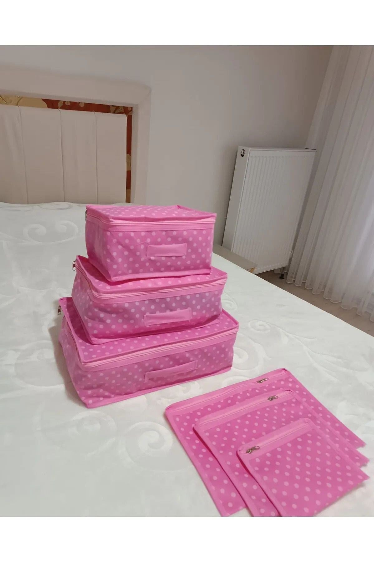 Orta Pembe Puantiye Desen Valiz Düzenleyici 6 Parça (FİLELİ) Pembe tela 6 30 derecede sıkma olmadan
