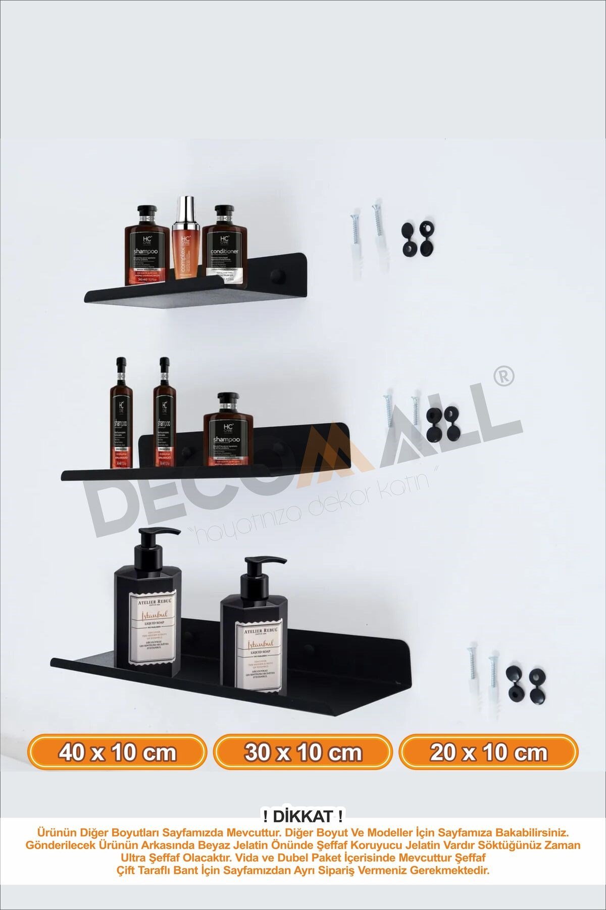 Siyah 3lü Set 40x10 30x10 20x10 cm Banyo Duvar Baharatlık Düzenleyici Raf Çok Amaçlı
