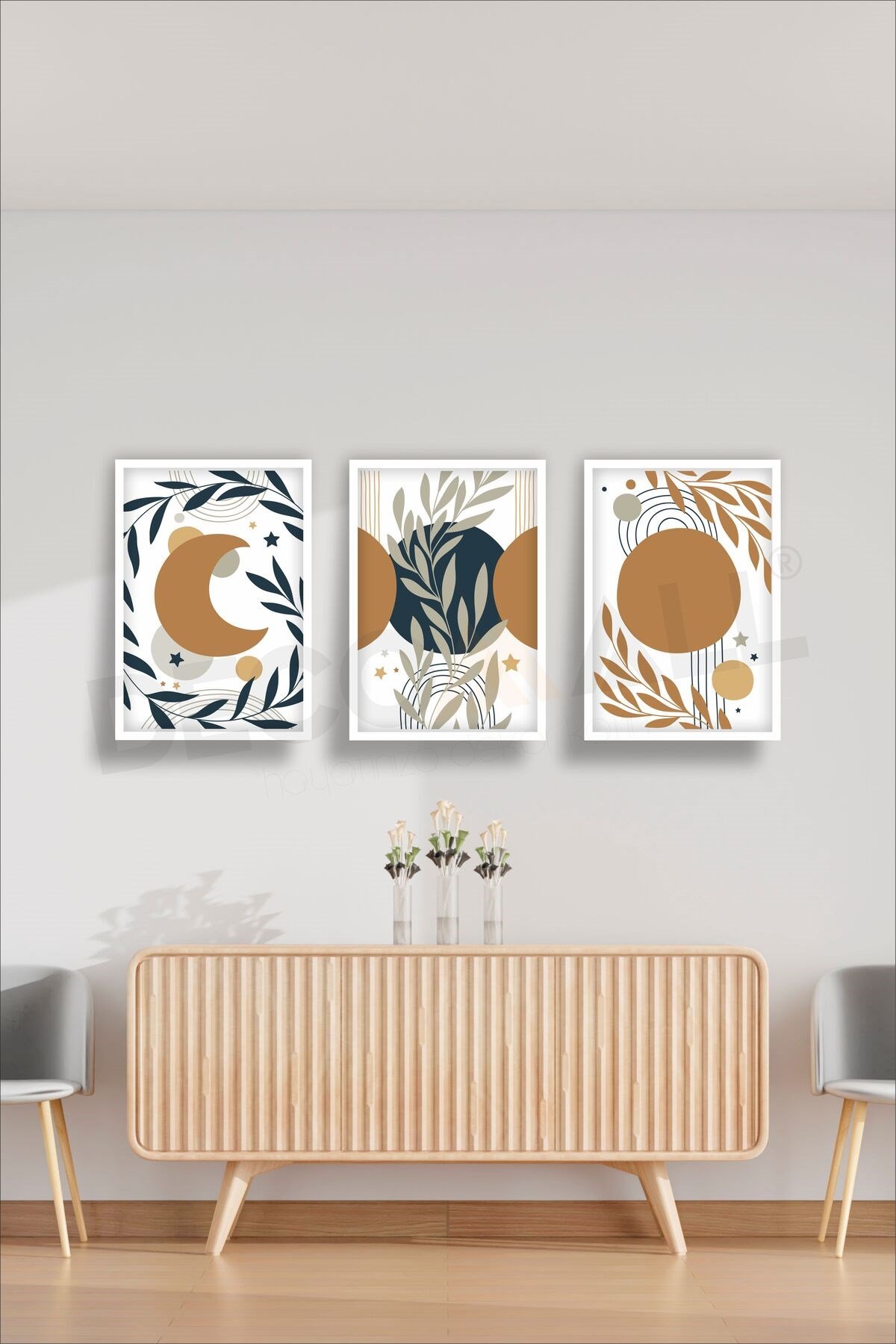 T-1 (50x30cm) 3 Parça Çerçeve Görünümlü Dekoratif Bohem Duvar Poster Seti Kendinden Yapışkanlı Folyo