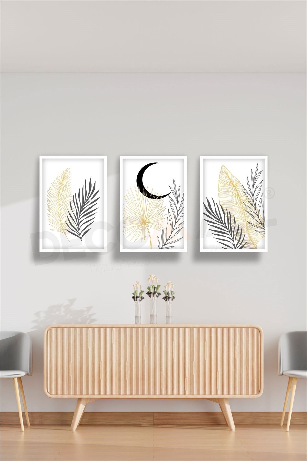 T-4 (50x30cm) 3 Parça Çerçeve Görünümlü Dekoratif Bohem Duvar Poster Seti Kendinden Yapışkanlı Folyo