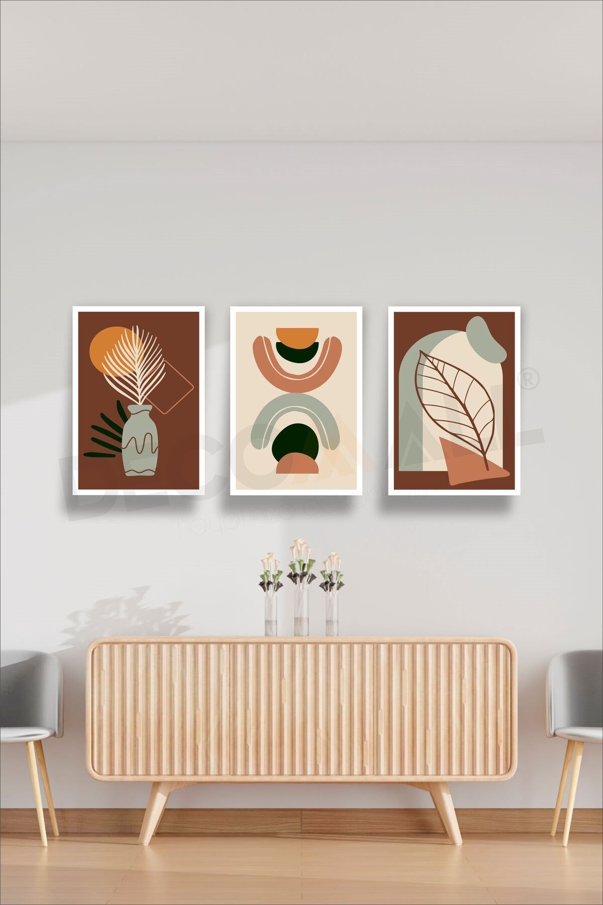 T-5 (75x50cm) 3 Parça Çerçeve Görünümlü Dekoratif Bohem Duvar Poster Seti Kendinden Yapışkanlı Folyo