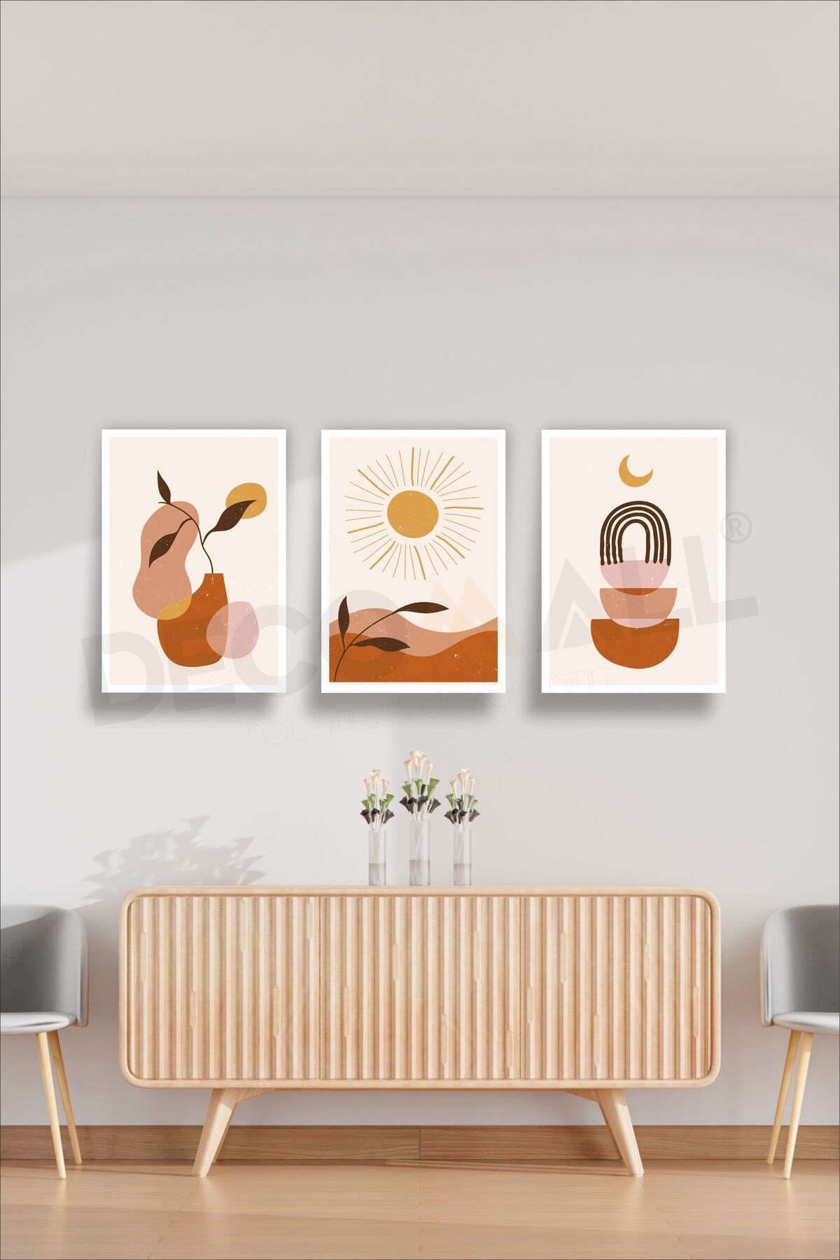 T-6 (75x50cm) 3 Parça Çerçeve Görünümlü Dekoratif Bohem Duvar Poster Seti Kendinden Yapışkanlı Folyo