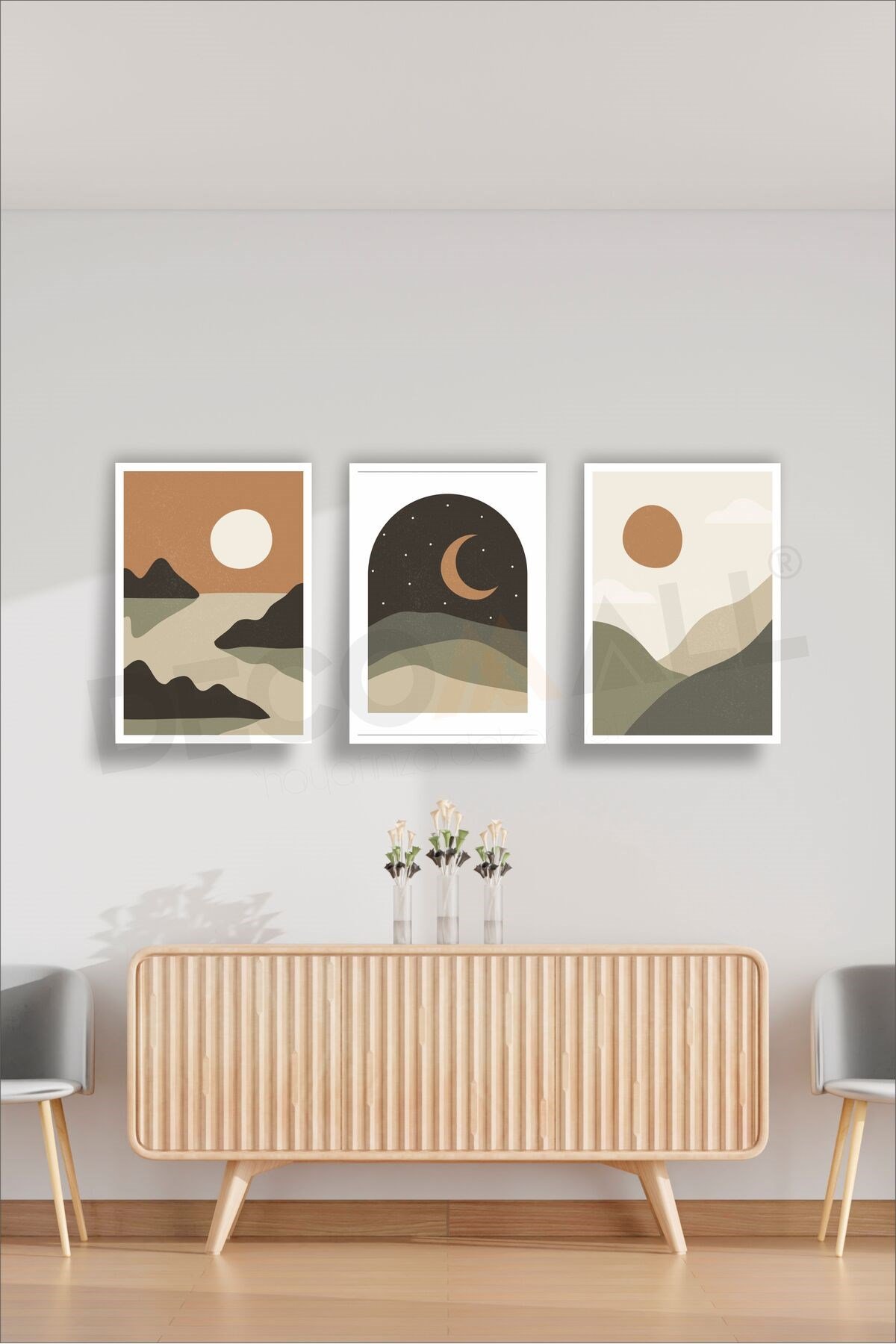 T-7 (75x50cm) 3 Parça Çerçeve Görünümlü Dekoratif Bohem Duvar Poster Seti Kendinden Yapışkanlı Folyo