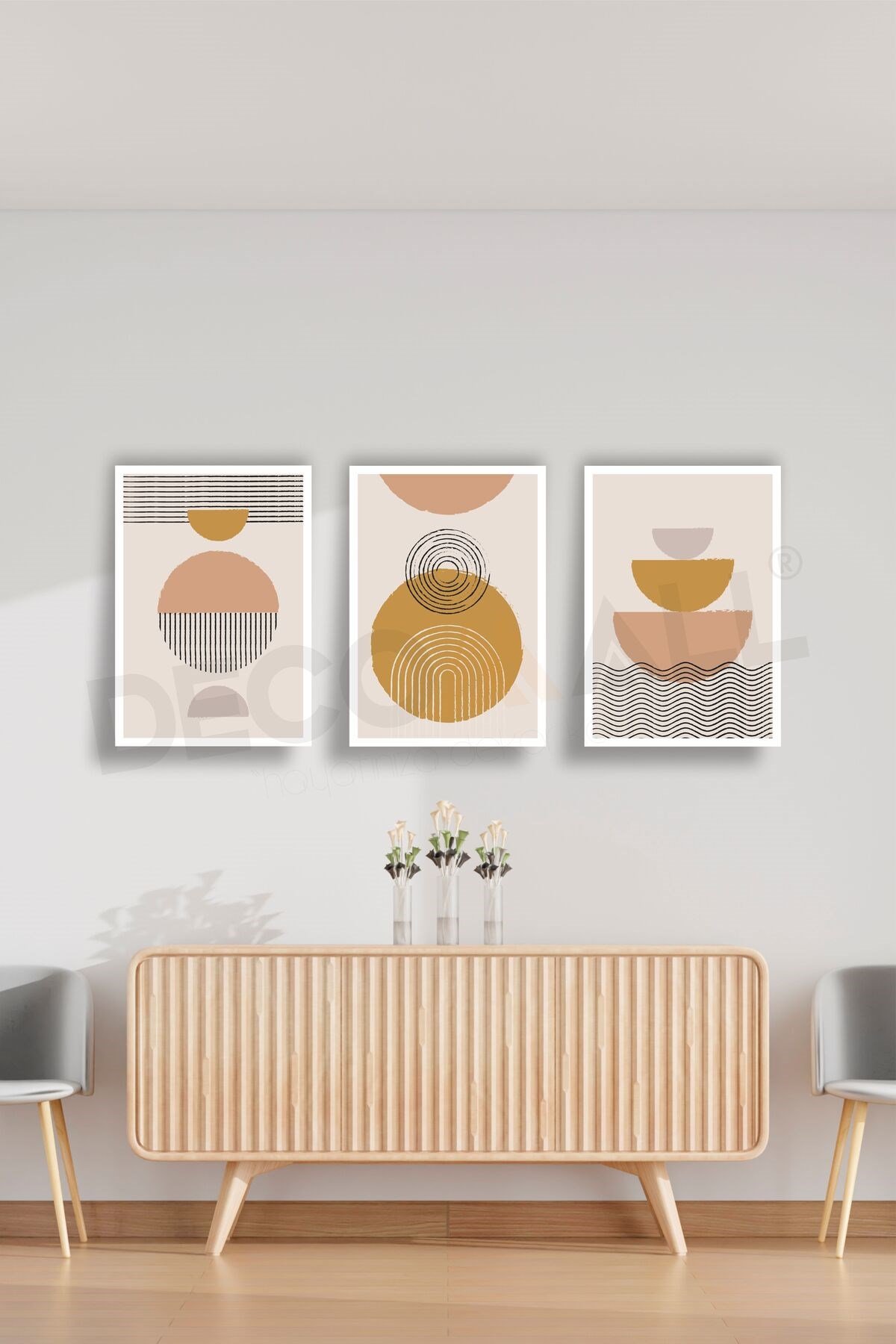 T-8 (50x30cm) 3 Parça Çerçeve Görünümlü Dekoratif Bohem Duvar Poster Seti Kendinden Yapışkanlı Folyo