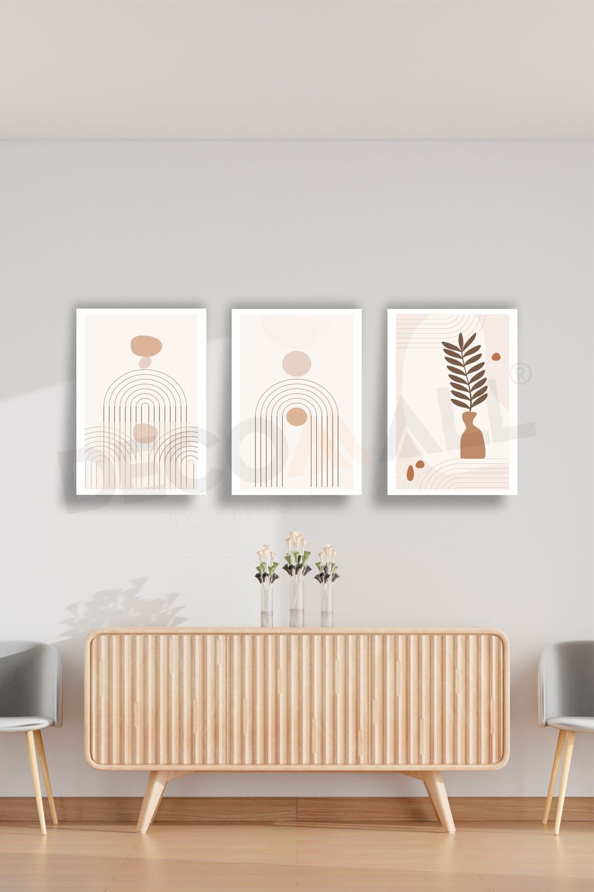 T-9 (50x30cm) 3 Parça Çerçeve Görünümlü Dekoratif Bohem Duvar Poster Seti Kendinden Yapışkanlı Folyo