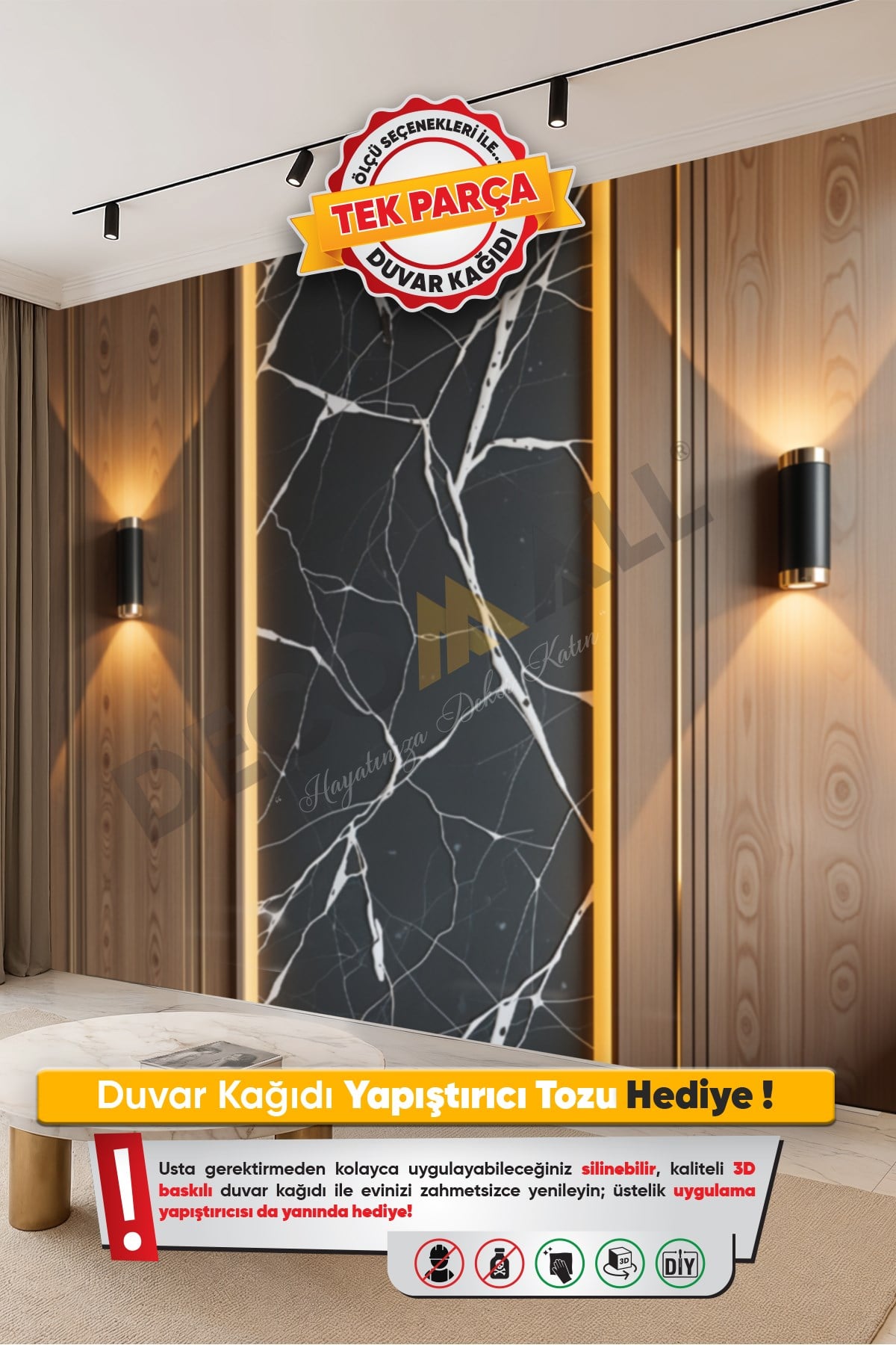 (TV-22) TV Arkası Duvar Kağıdı Tek Parça 3D Çita Mermer Görünümlü Salon Ofis Duvar Posteri