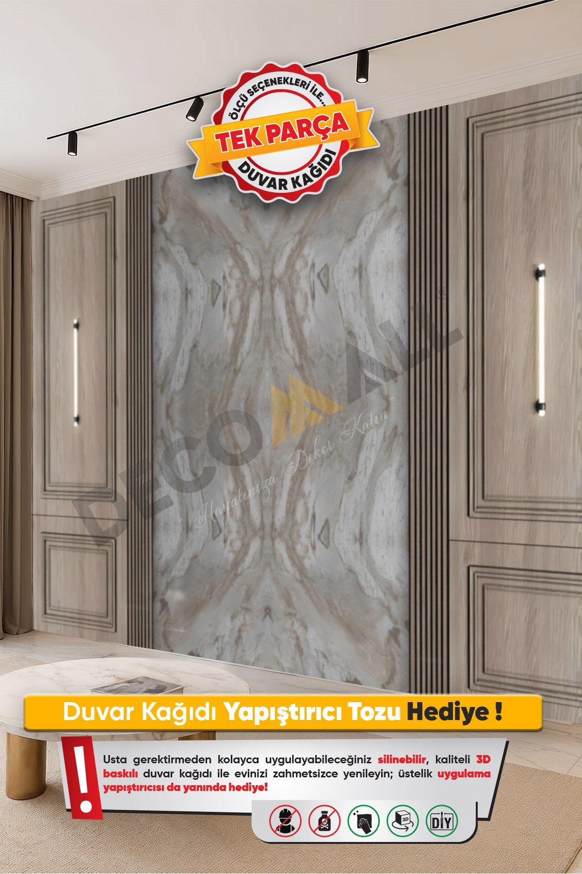 (TV-23) TV Arkası Duvar Kağıdı Tek Parça 3D Çita Mermer Görünümlü Salon Ofis Duvar Posteri