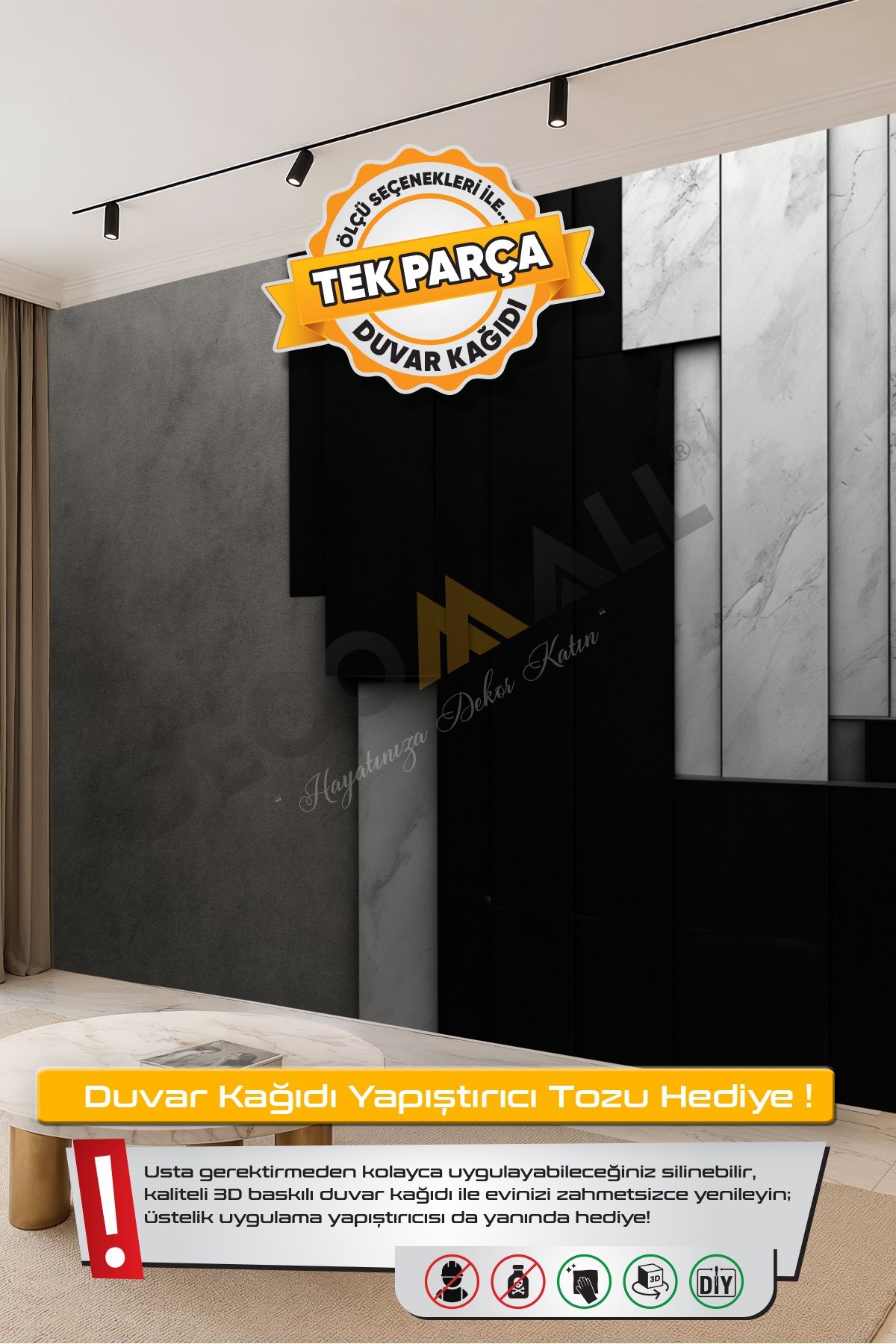 (TV-67) TV Arkası Duvar Kağıdı Tek Parça 3D Çita Mermer Görünümlü Salon Ofis Duvar Posteri
