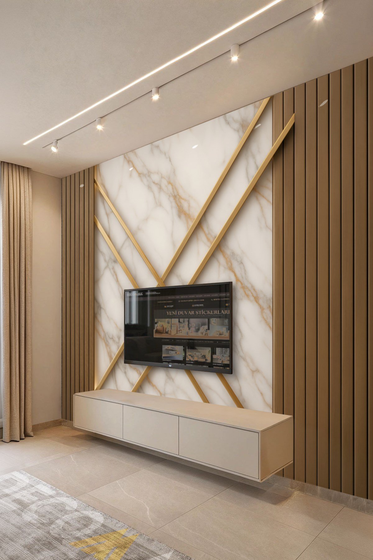 (TV-75) TV Arkası Duvar Kağıdı Tek Parça 3D Çita Mermer Görünümlü Salon Ofis Duvar Posteri