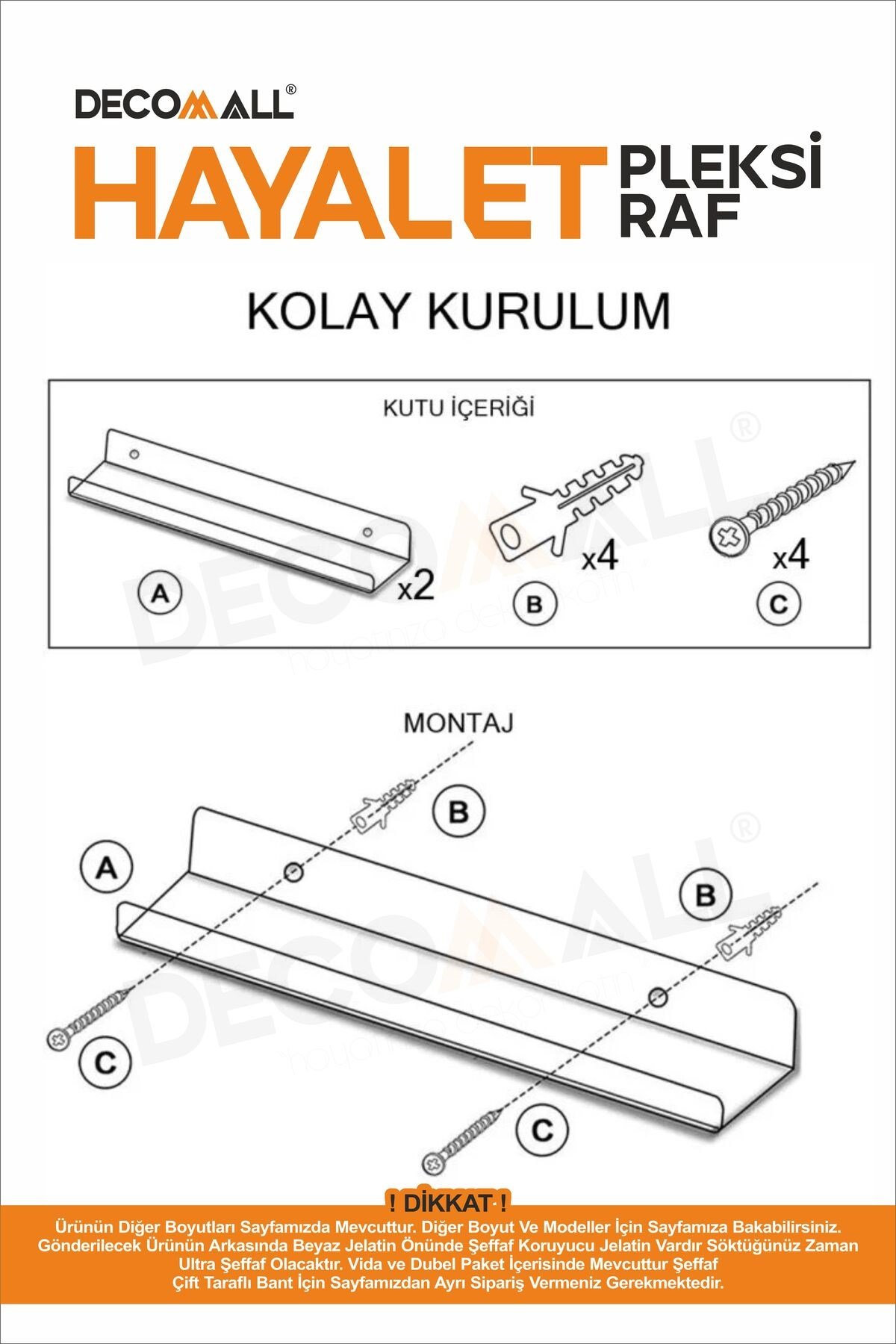 x1 Adet 40 x 5 cm Kitaplık Duvar Rafı Kitap Rafı Pleksi Hayalet Raf Duvar Düzenleyici