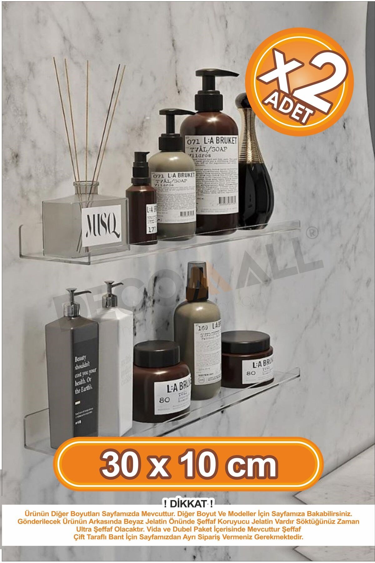 x2 Adet 30 x 10 cm Pleksi Hayalet Raf Duvar Banyo Baharatlık Düzenleyici Raf Çok Amaçlı
