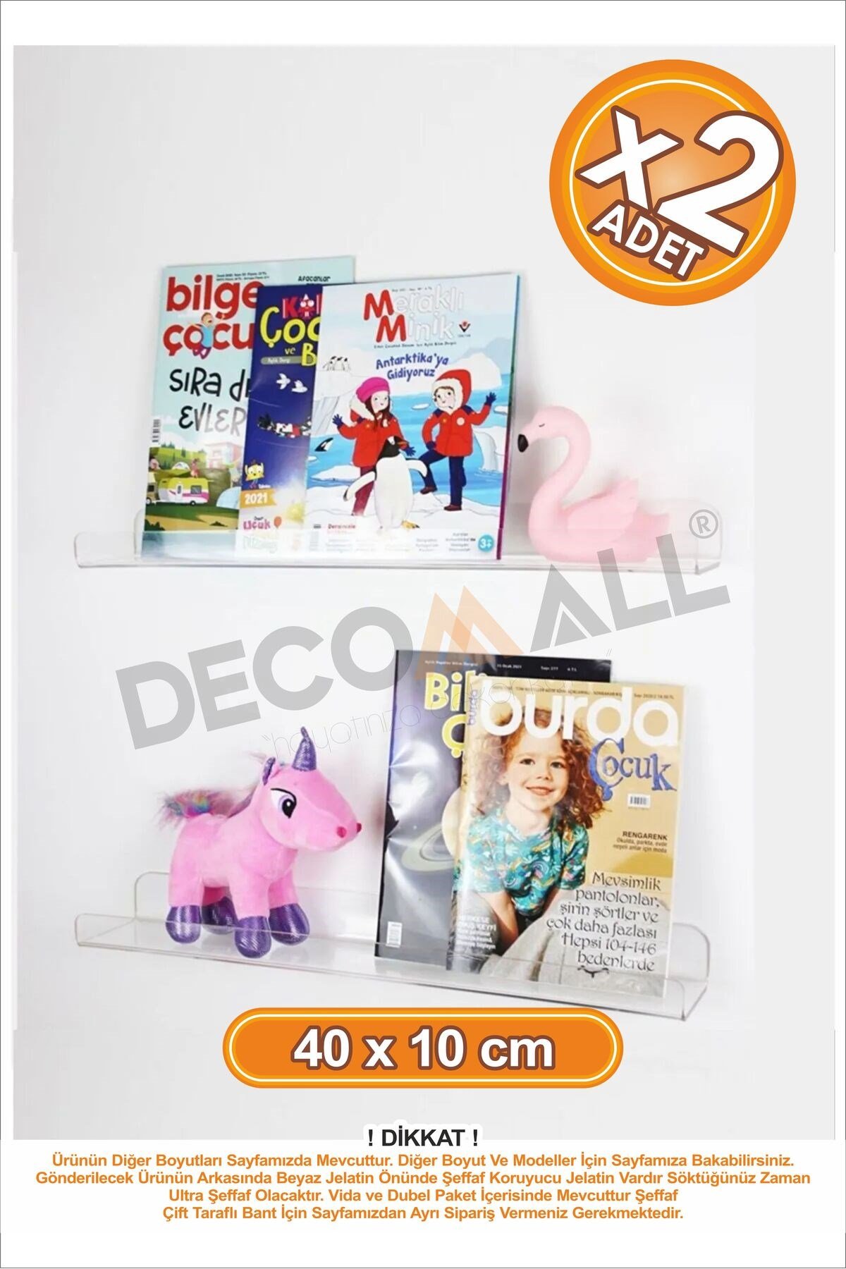 x2 Adet 40 x 5 cm Kitaplık Duvar Rafı Kitap Rafı Pleksi Hayalet Raf Duvar Düzenleyici