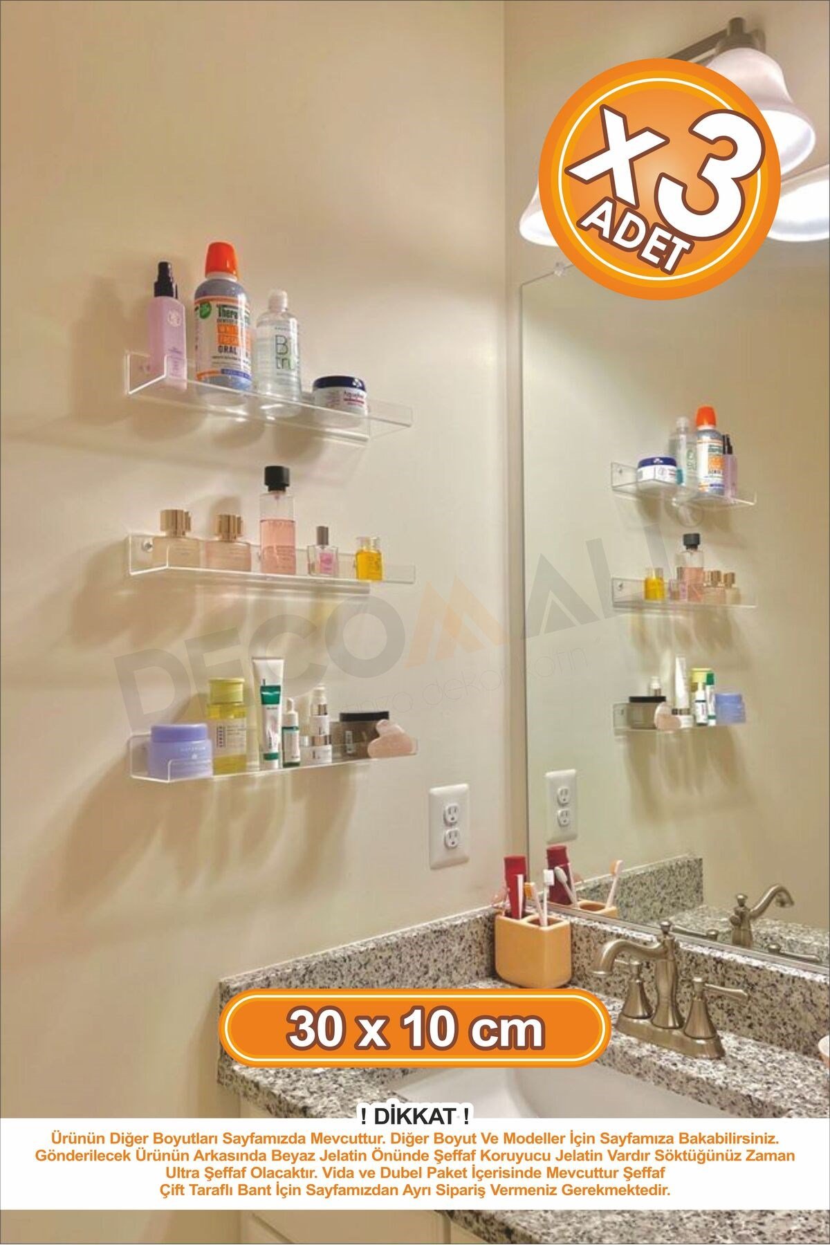 x3 Adet 30 x 10 cm Banyo Duvar Rafı Banyo Düzenleyici Hayalet Şeffaf Raf Duvar Rafı