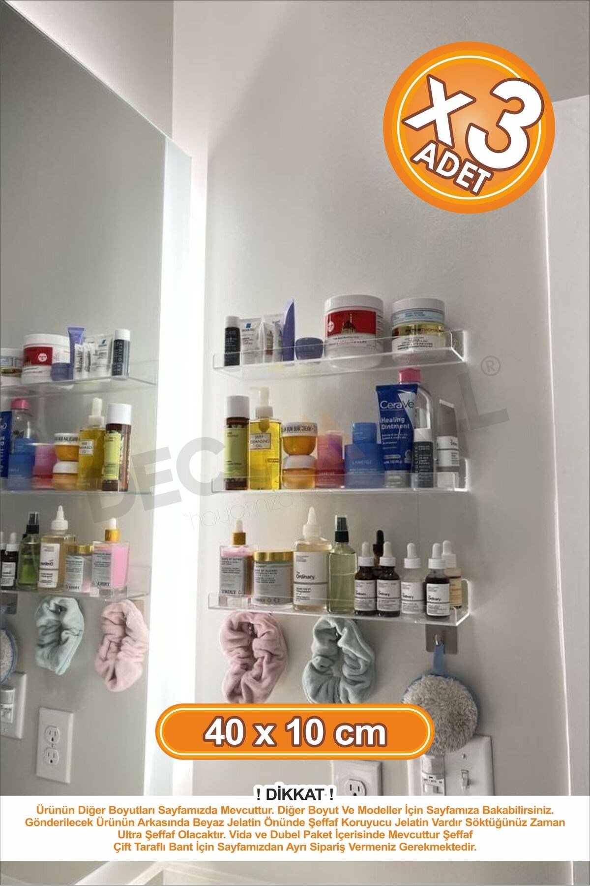 x3 Adet 40 x 10 cm Banyo Duvar Rafı Banyo Düzenleyici Hayalet Şeffaf Raf Duvar Rafı