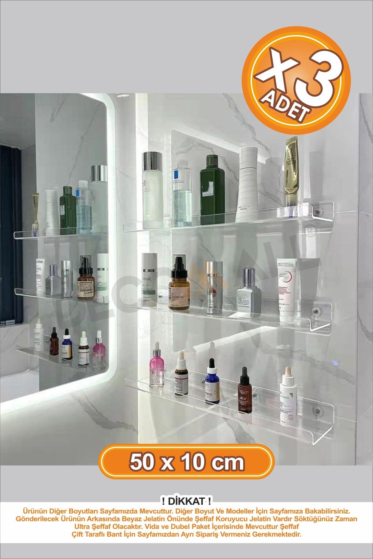 x3 Adet 50 x 10 cm Banyo Duvar Rafı Banyo Düzenleyici Hayalet Şeffaf Raf Duvar Rafı