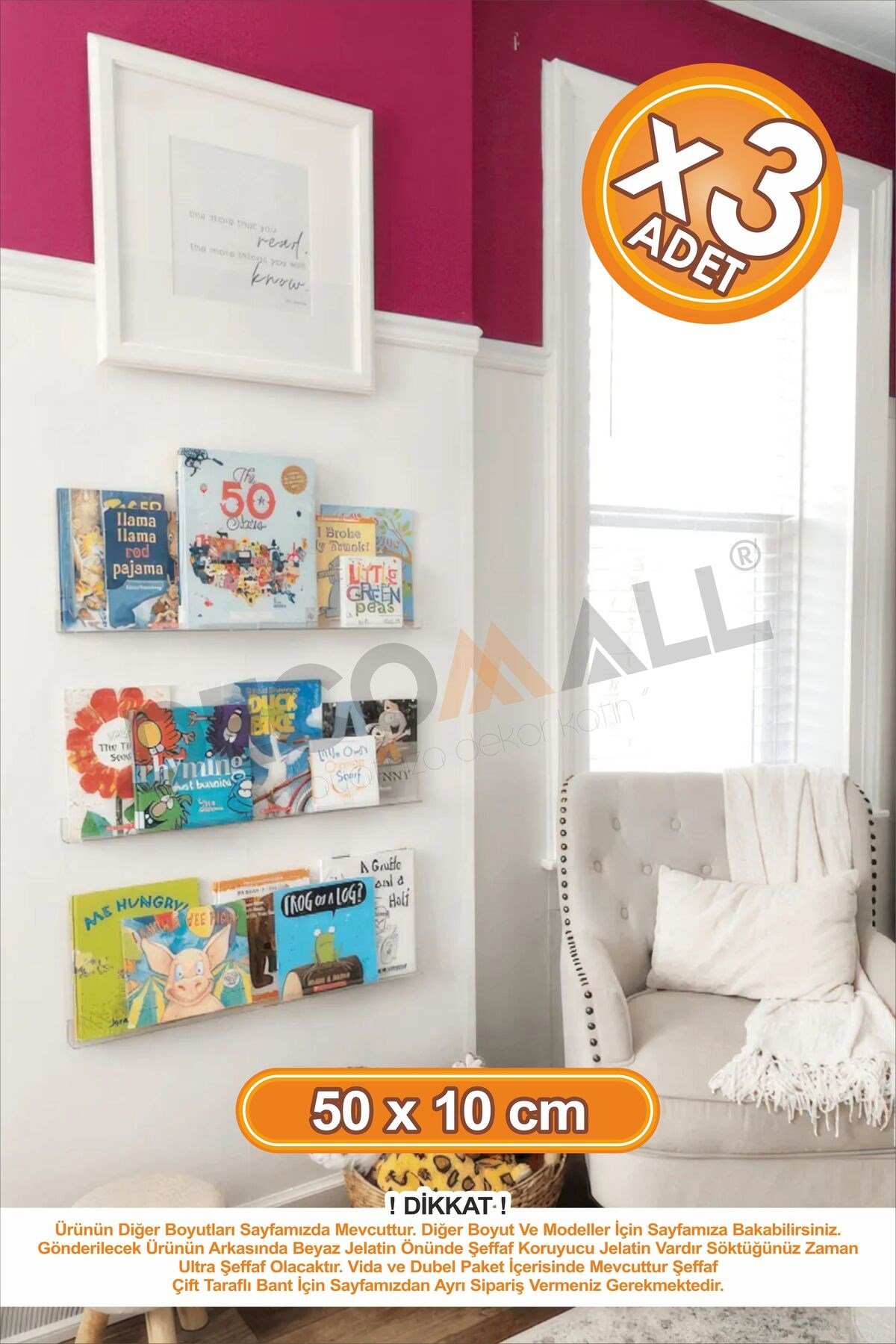 x3 Adet 50 x 5 cm Kitaplık Duvar Rafı Kitap Rafı Pleksi Hayalet Raf Duvar Düzenleyici